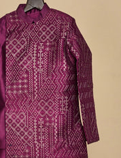 Wine Coloured Handloom Silk Bandhgala Set