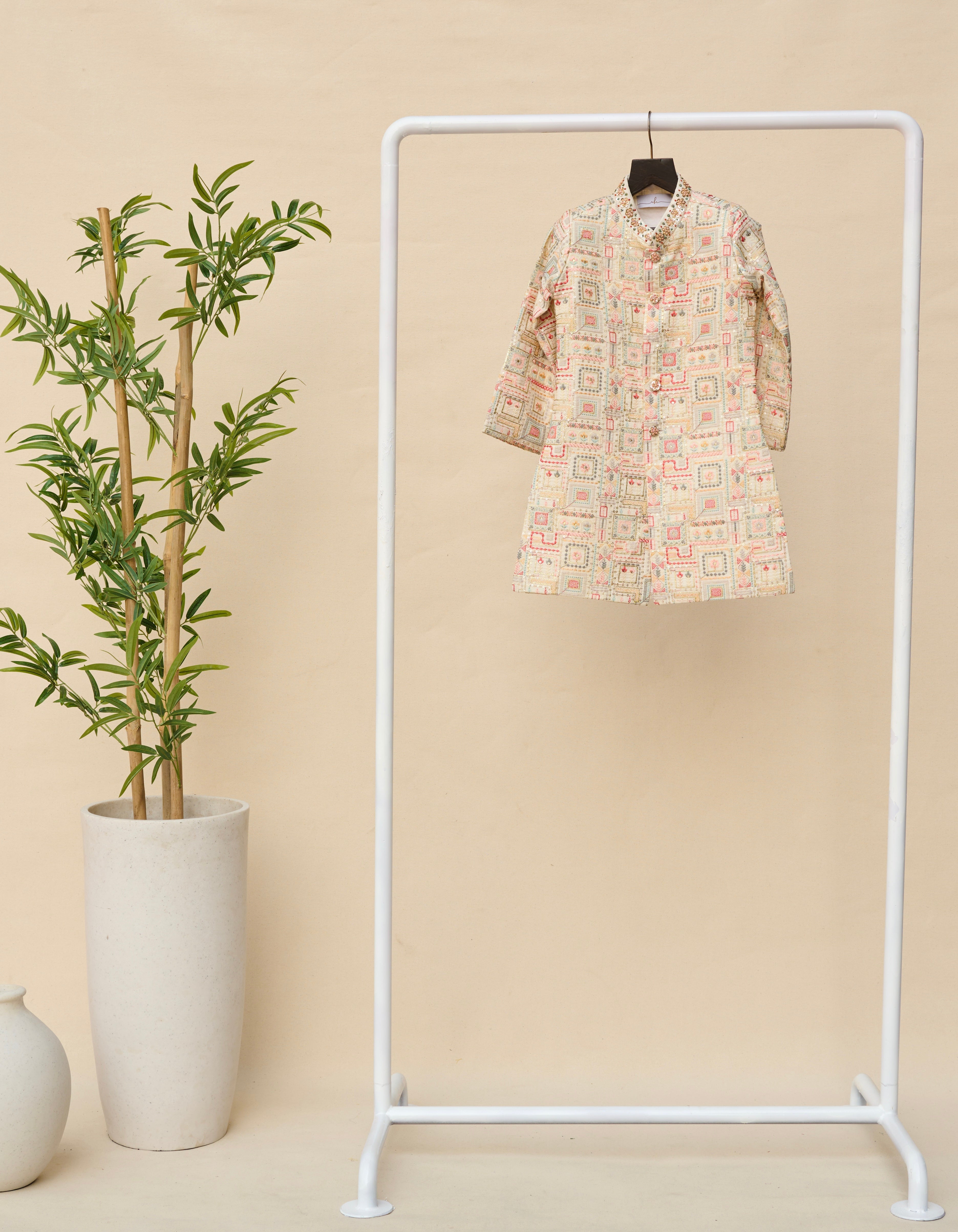 Faded-White Embroidered Achkan Set