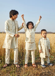 Off White Embroidered Kurta And Long Jacket Set