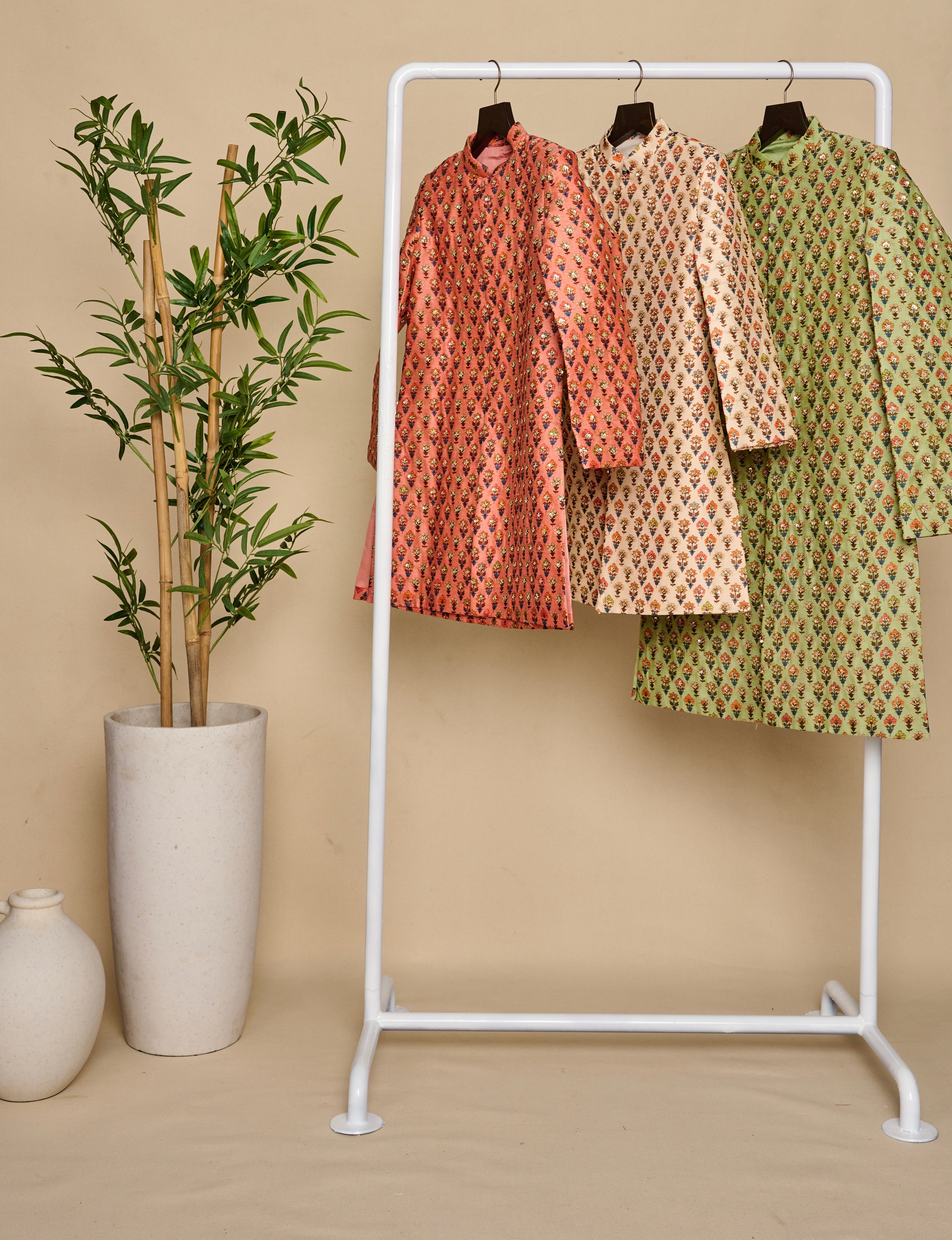 Apple Green Jaipuri Print Highlighted Achkan Set