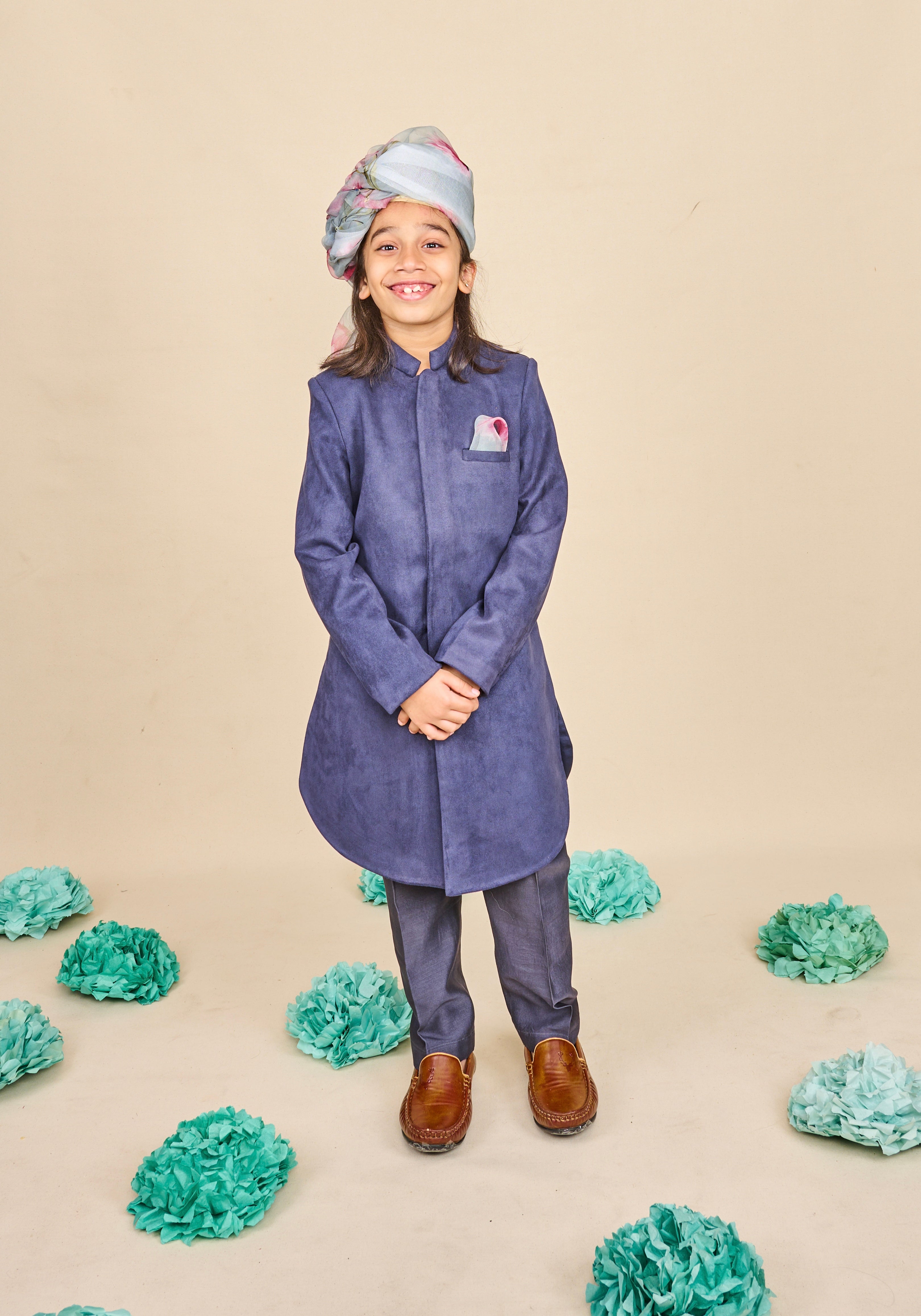Navy Blue Suede Achkan Set