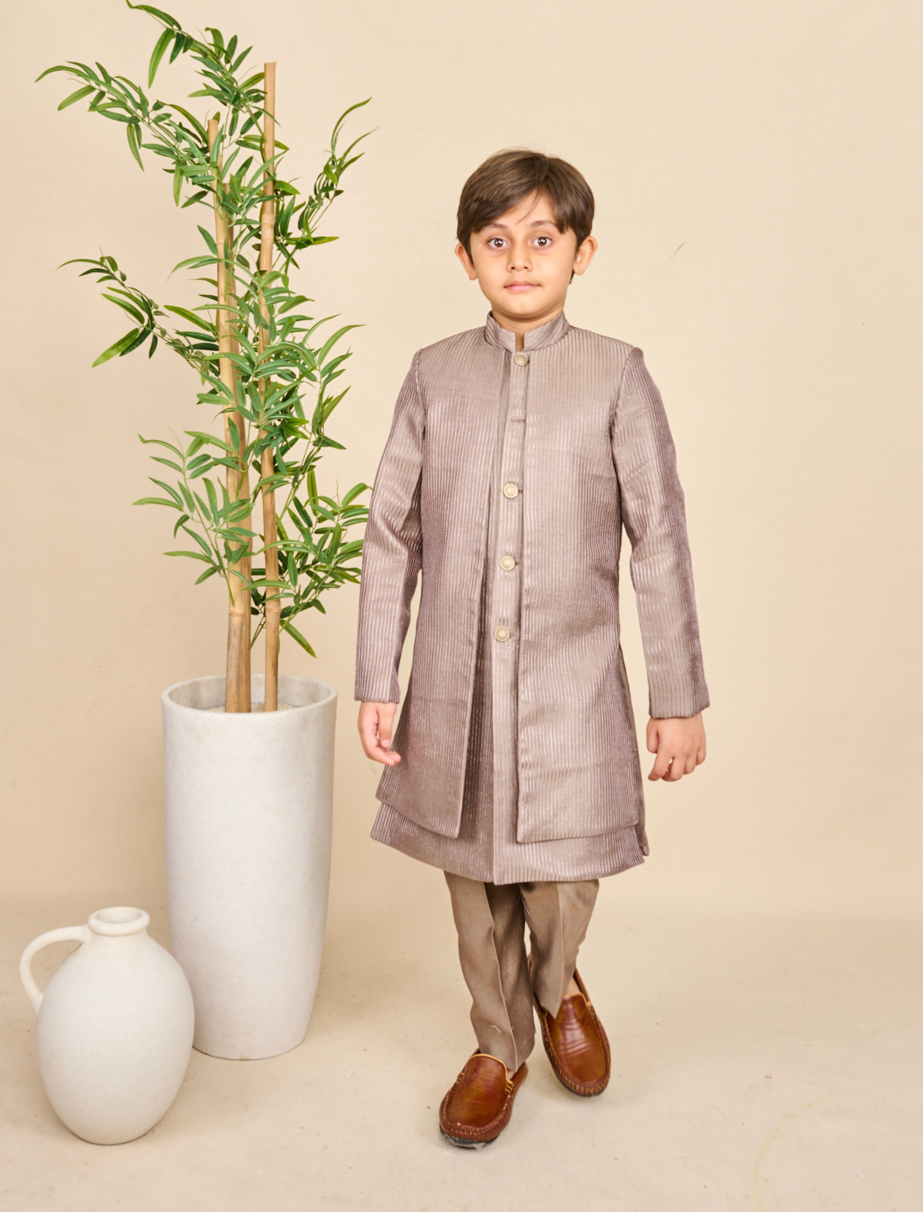 Brownish Grey Layered Achkan Set