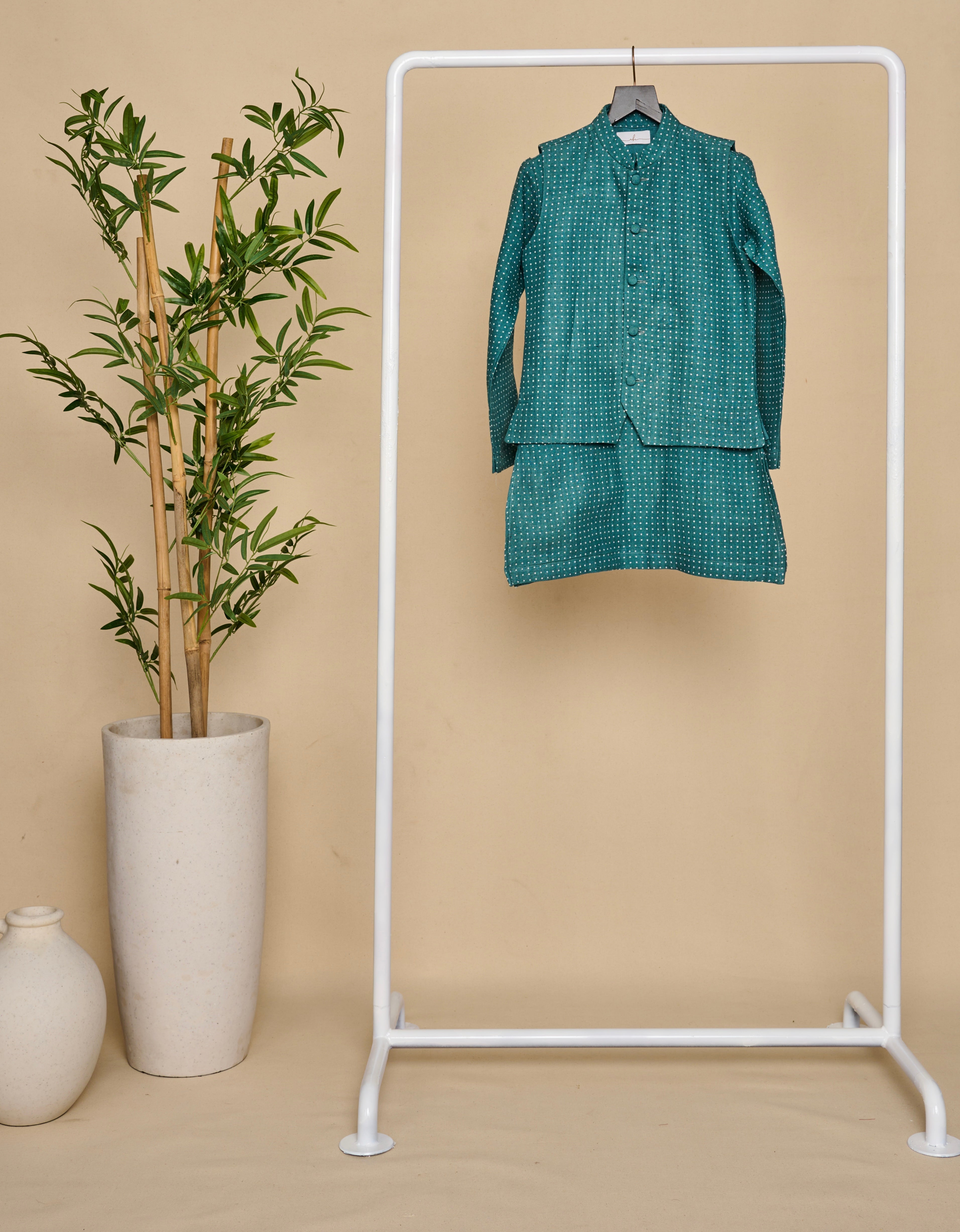Teal Blue Linen Kurta Jacket Set