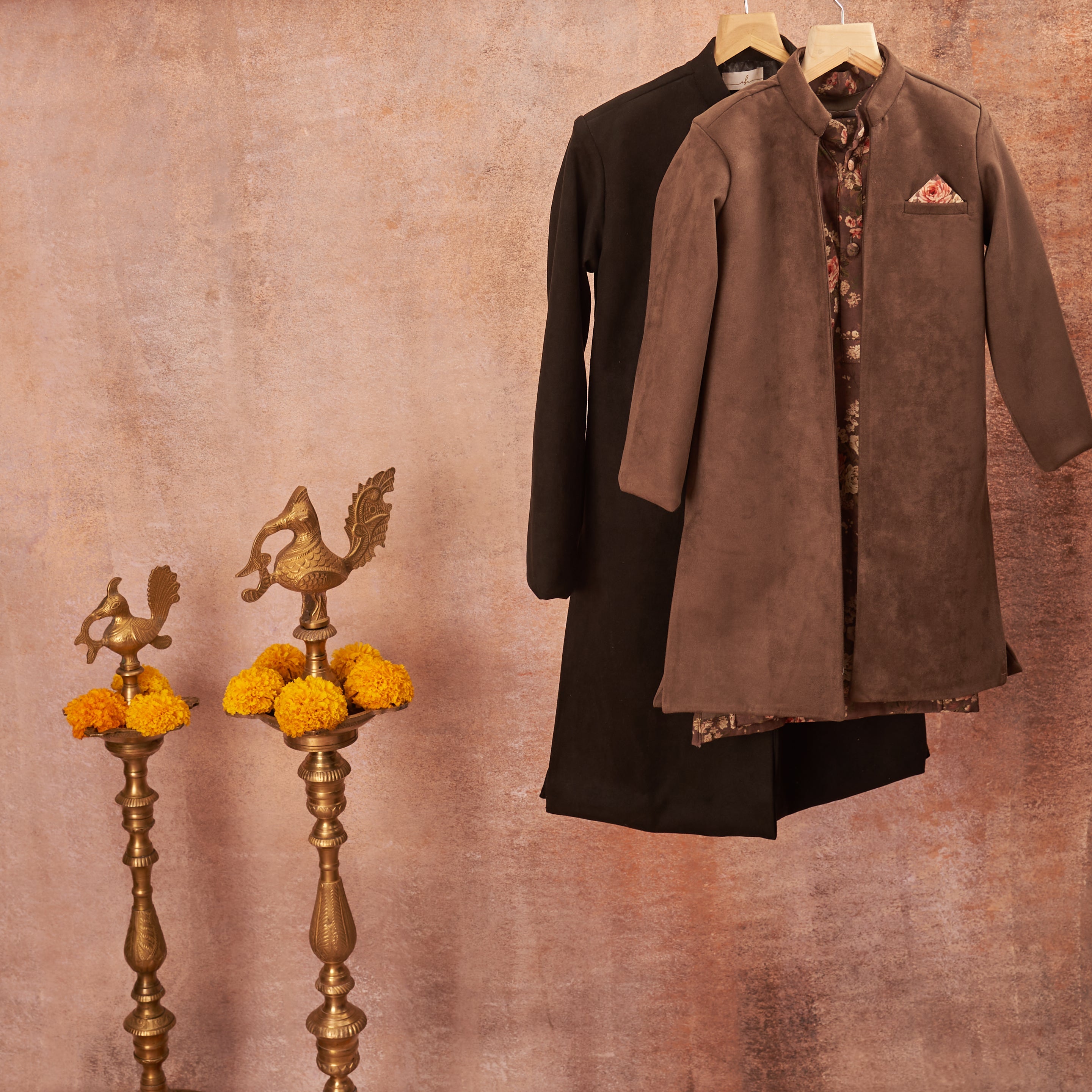 Grey Suede Open Achkan Set