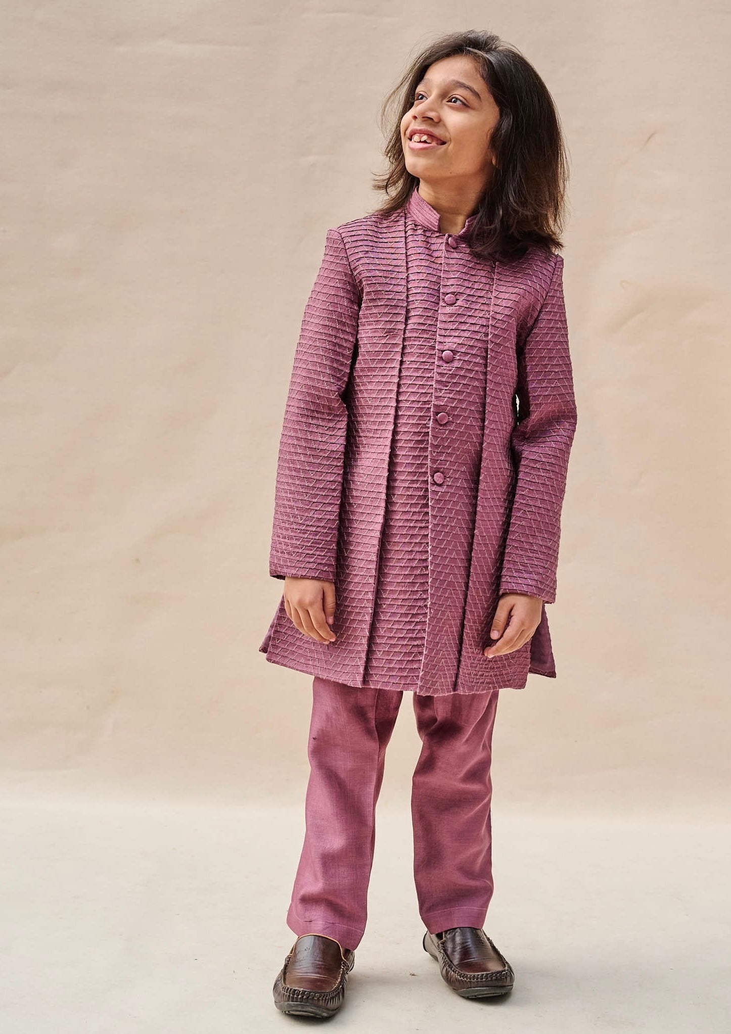 Wine Colour Layered Achkan Set