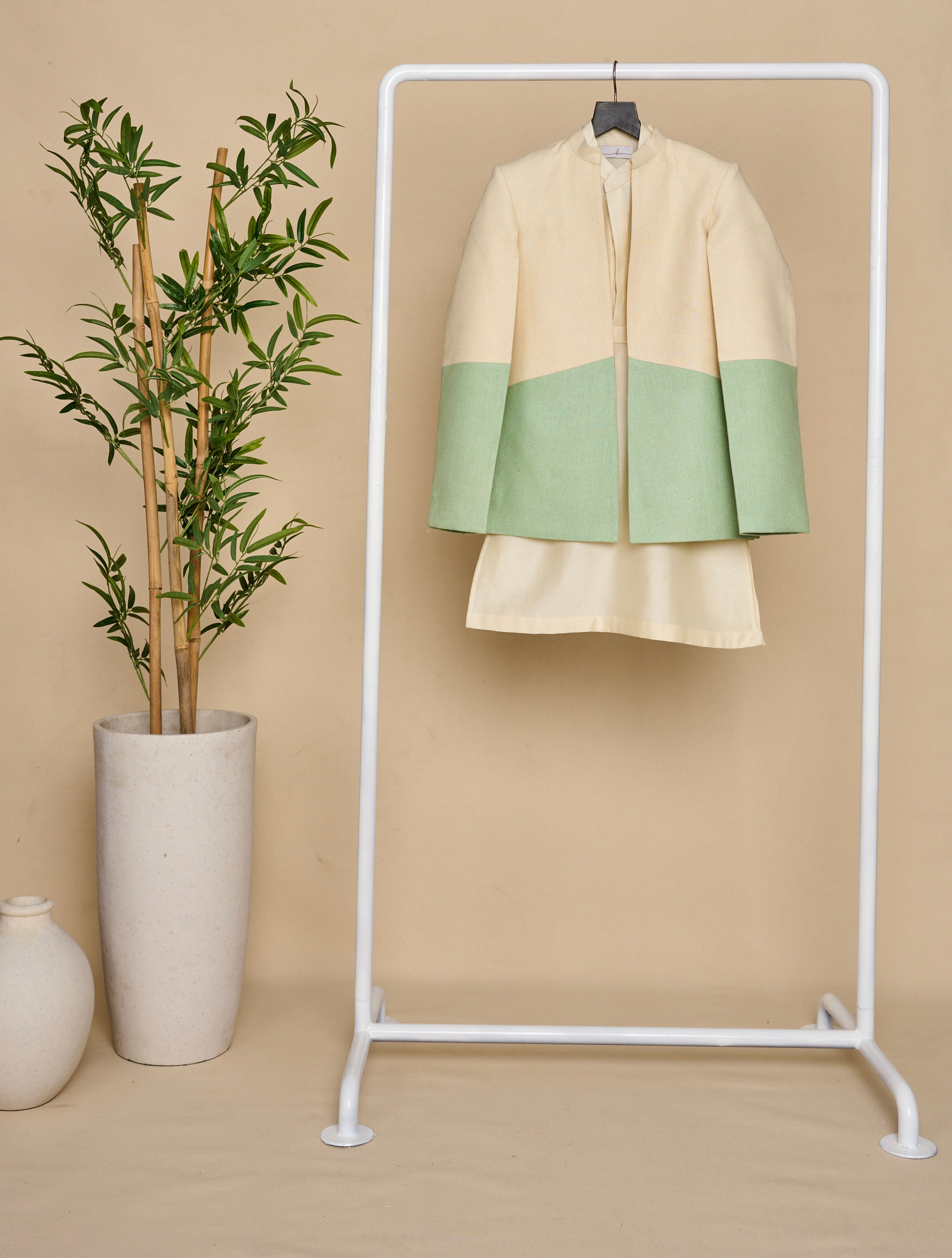 Ivory-Green Bandhgala Set