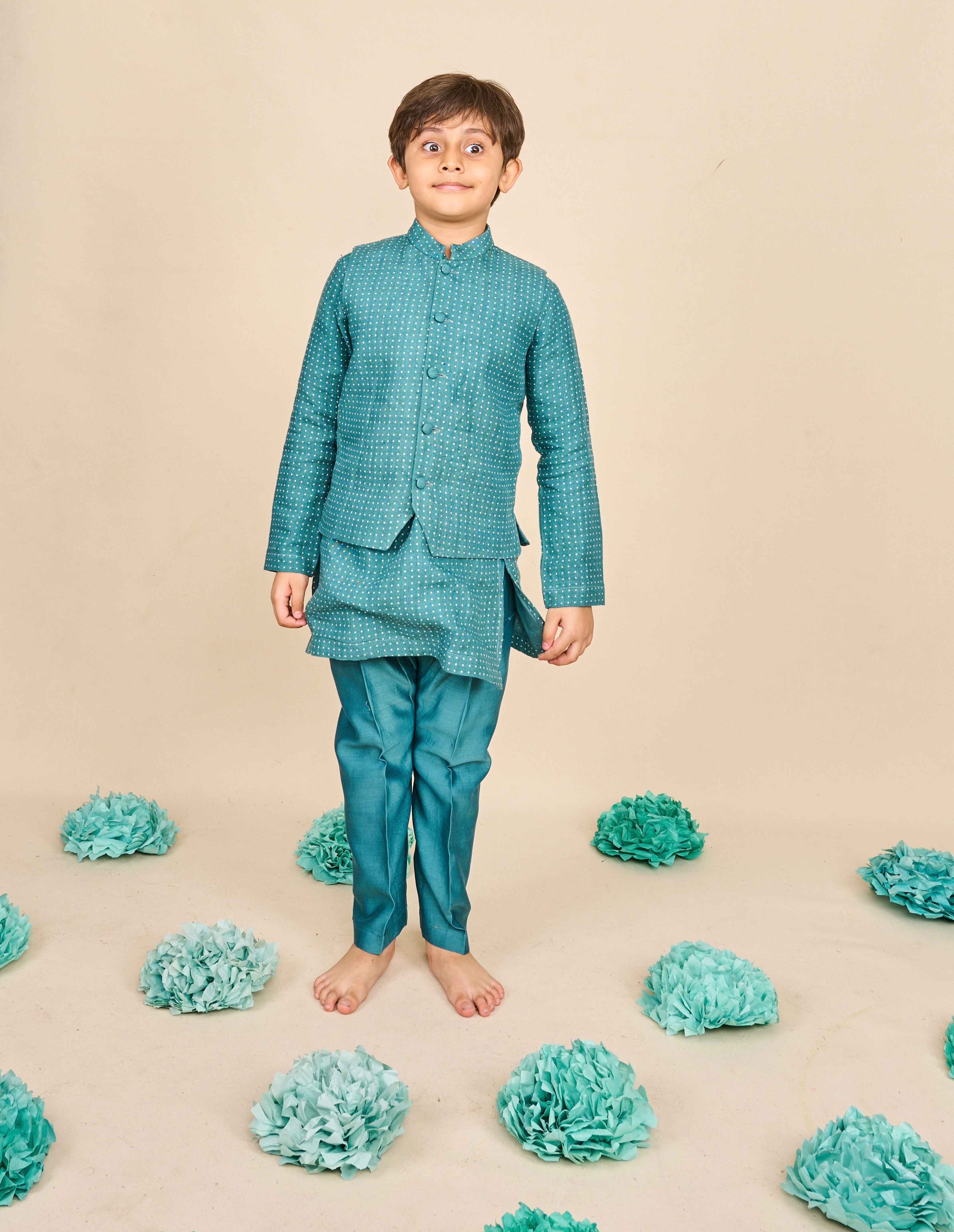 Teal Blue Linen Kurta Jacket Set