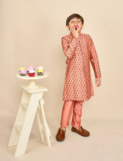 Peach Jaipuri Print Highlighted Achkan Set