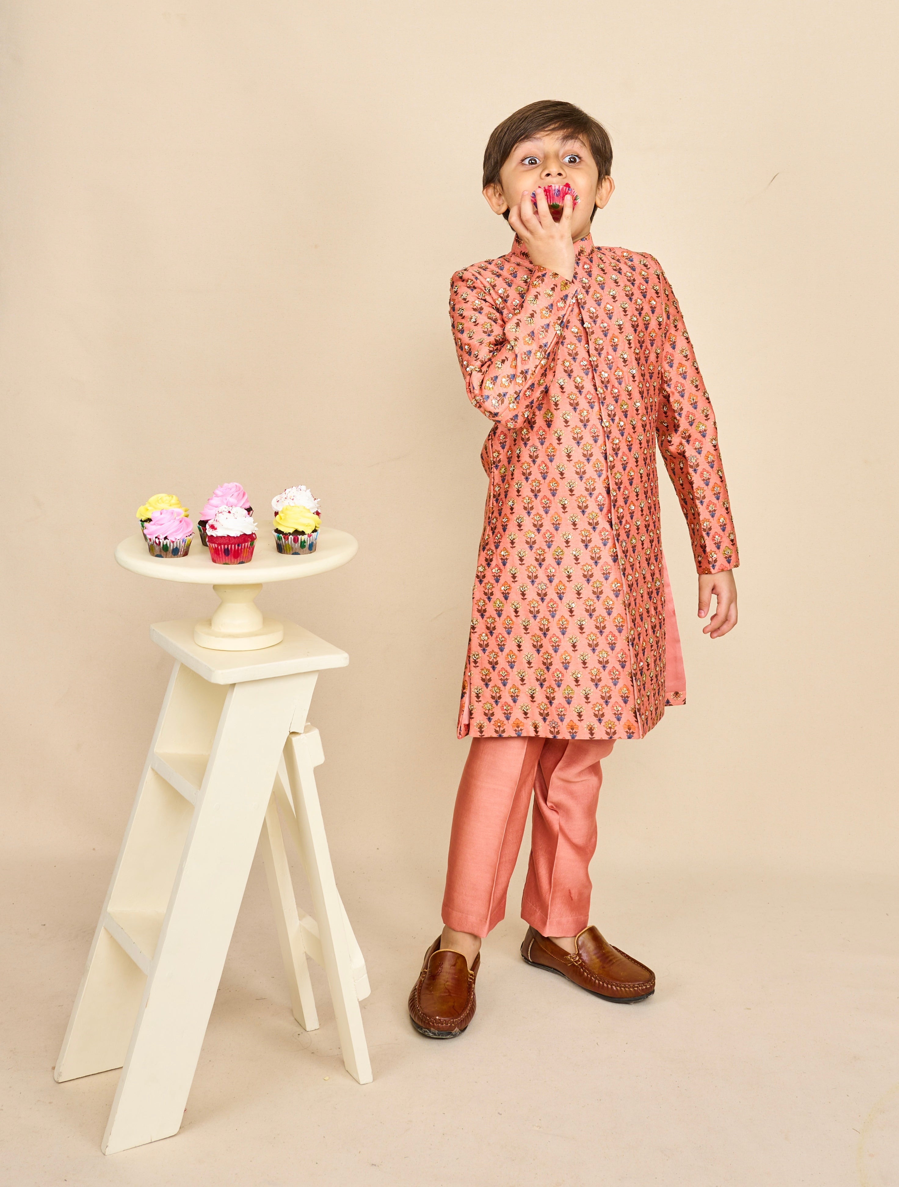Peach Jaipuri Print Highlighted Achkan Set