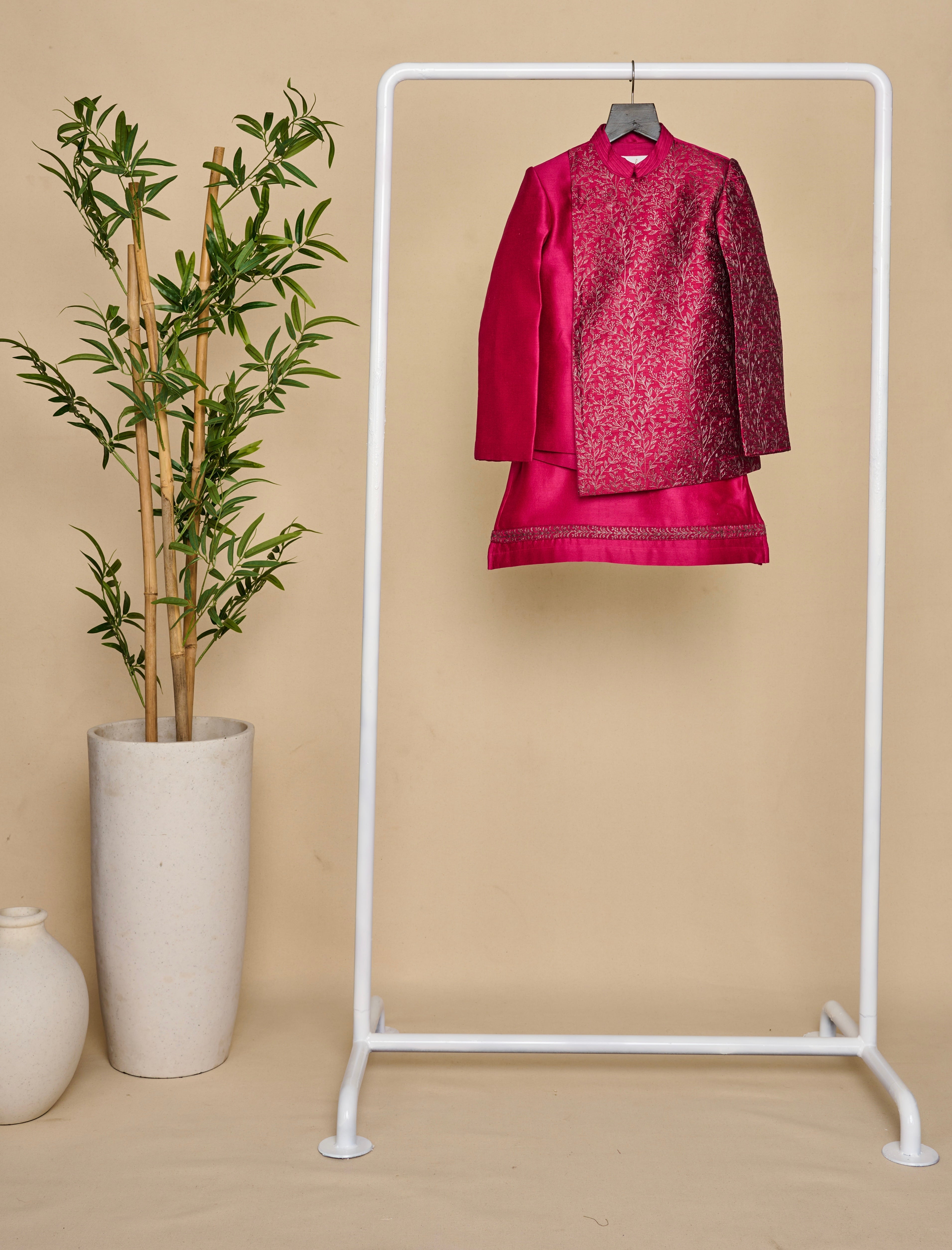 Magenta Pink Handloom Silk Bandhgala Set