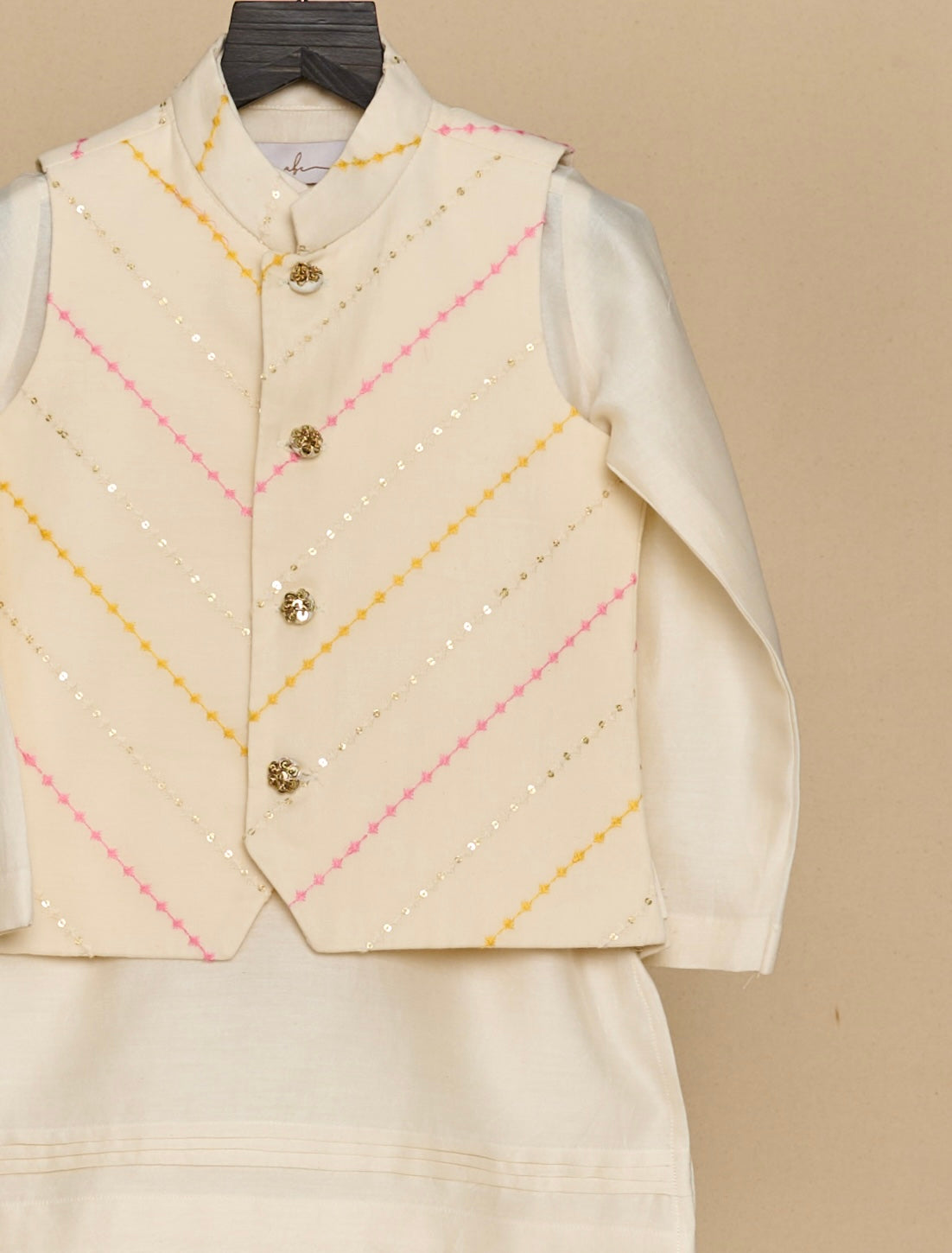 Off White-Yellow Kurta Jacket Set