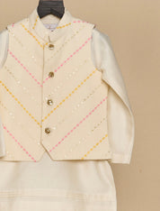 Off White-Yellow Kurta Jacket Set