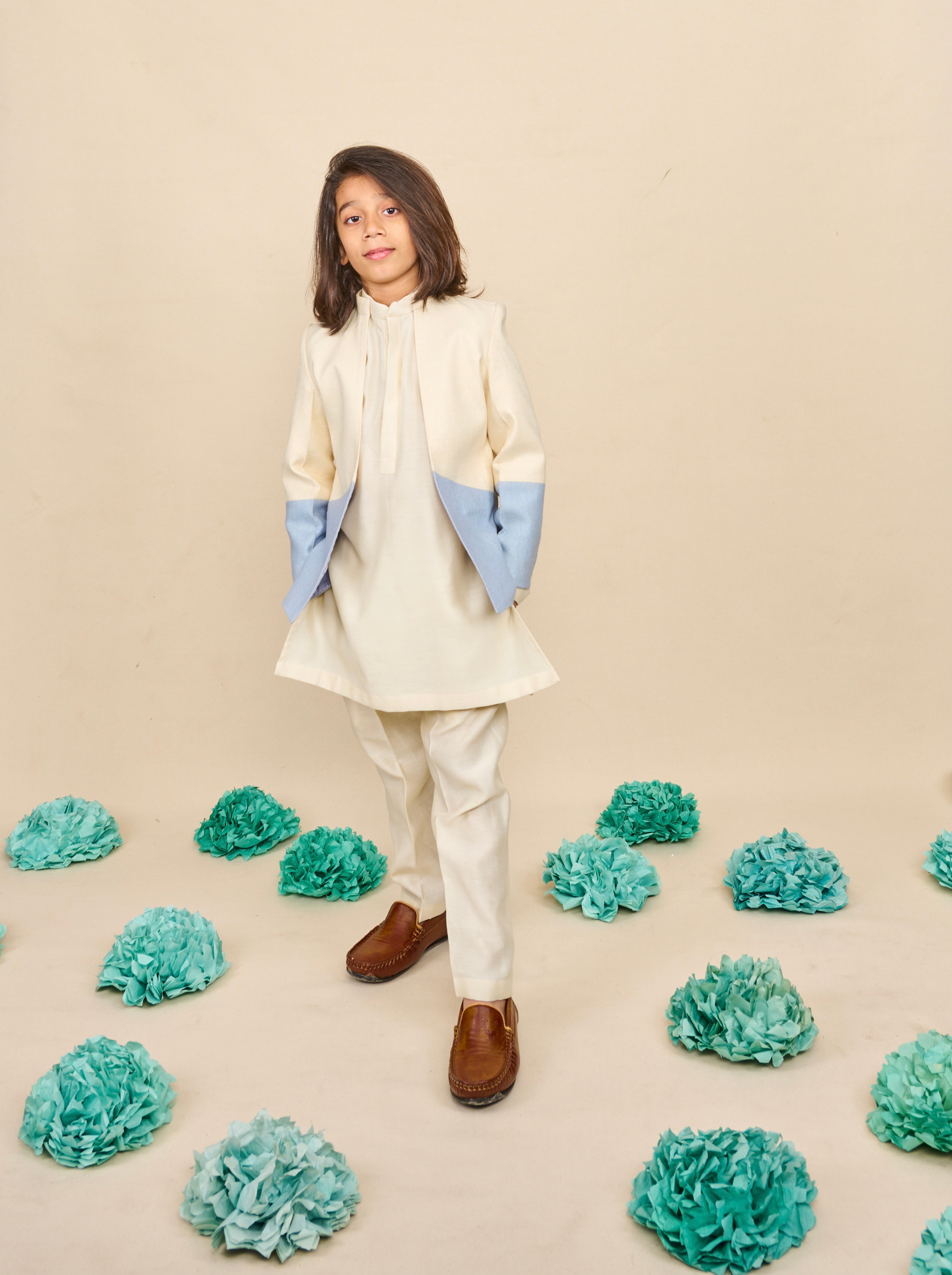 Ivory-Blue Bandhgala Set