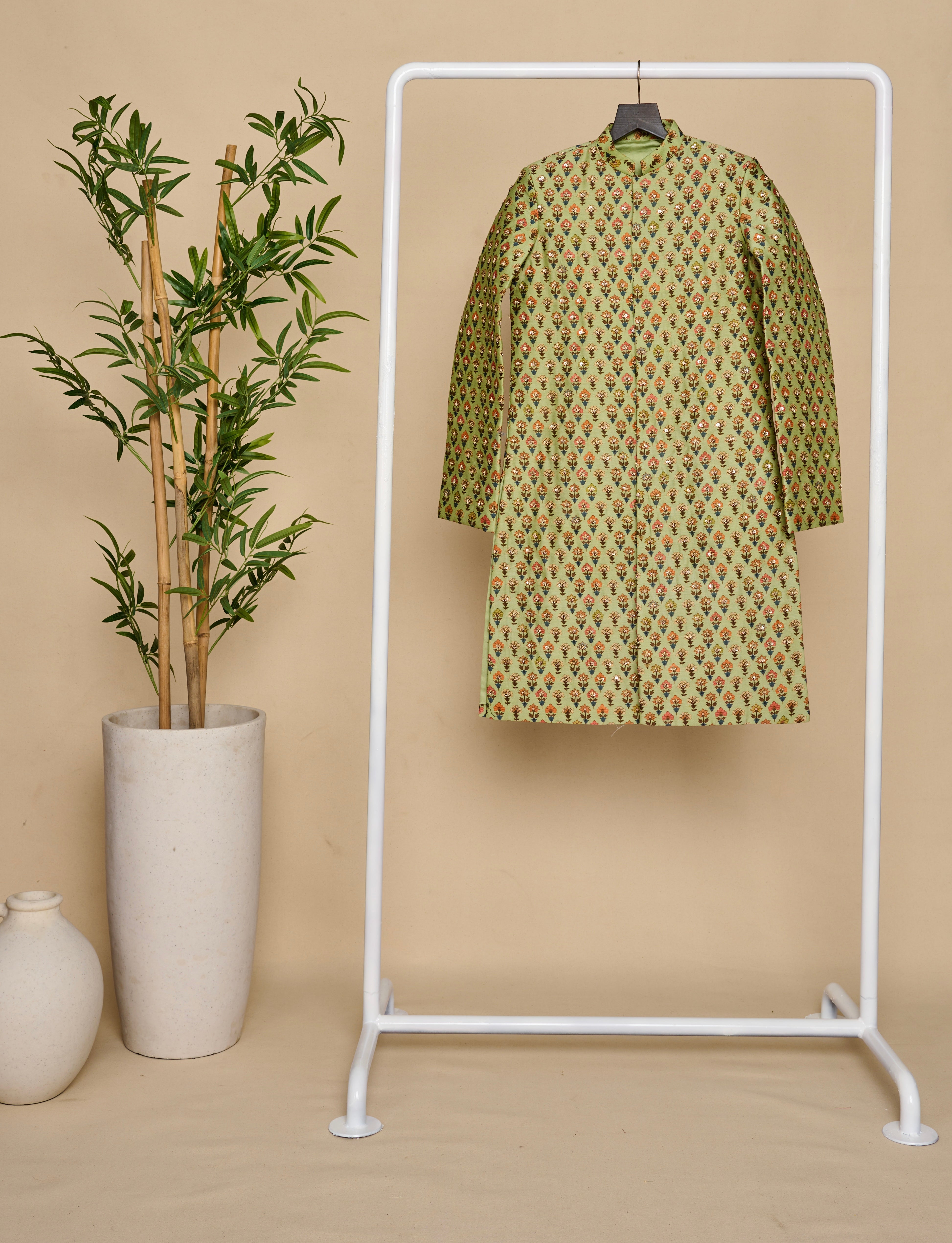 Apple Green Jaipuri Print Highlighted Achkan Set