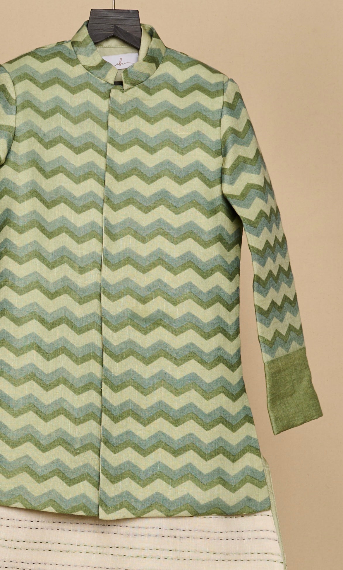 Sage Green Printed Linen Achkan Set