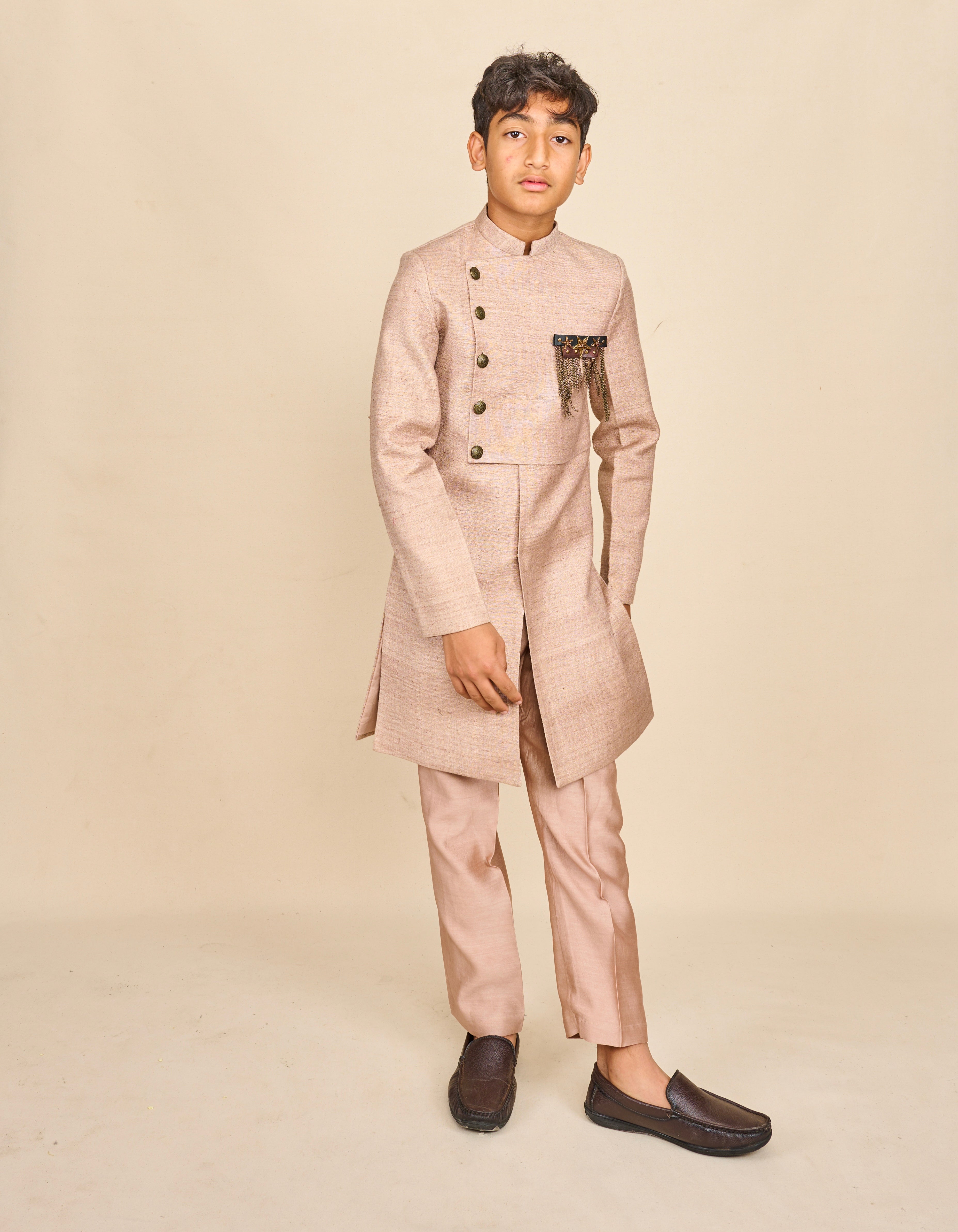 Nude Colour Layered Achkan Set