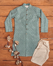 Teal Green Sequins Achkan Set