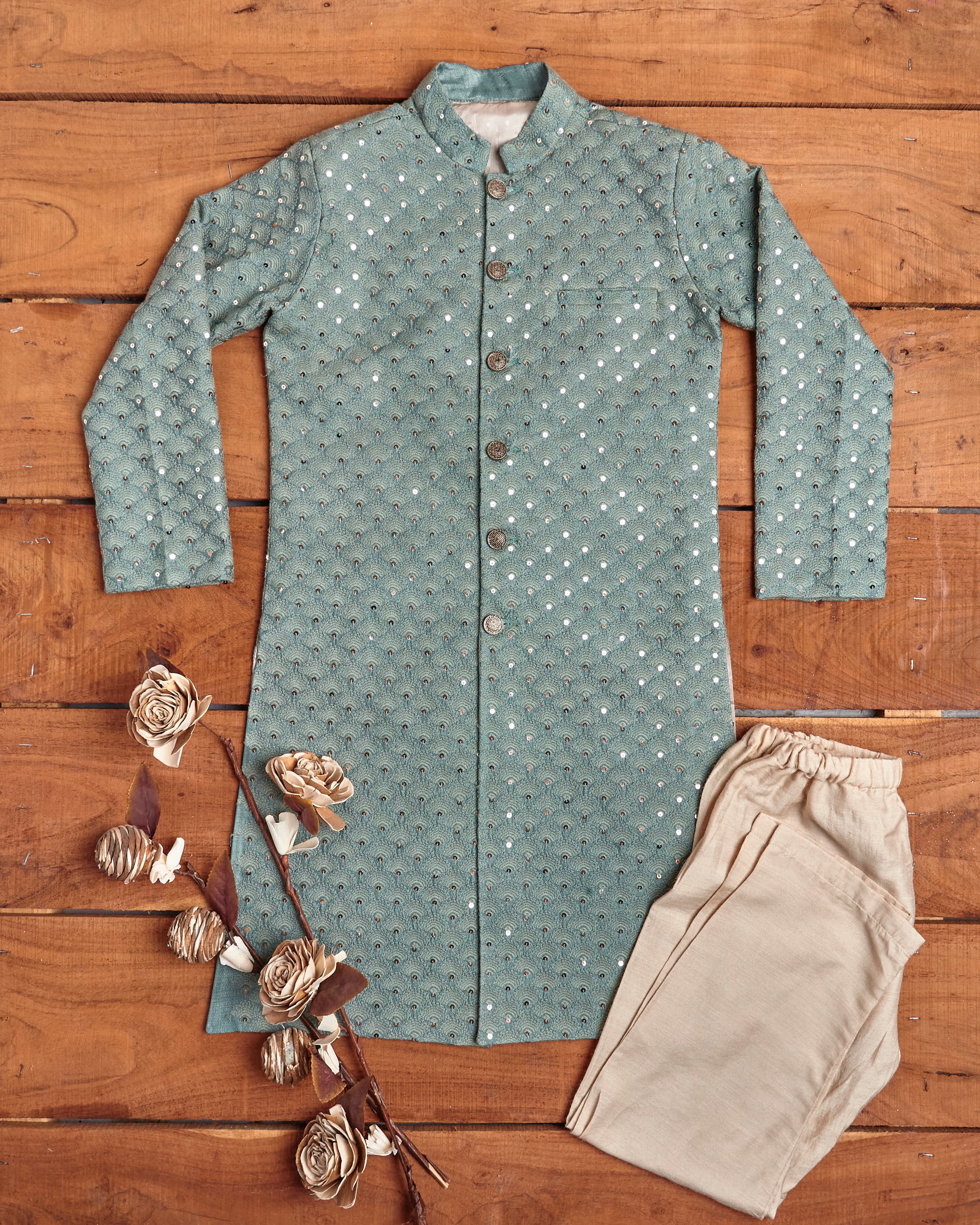 Teal Green Sequins Achkan Set
