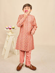 Peach Jaipuri Print Highlighted Achkan Set