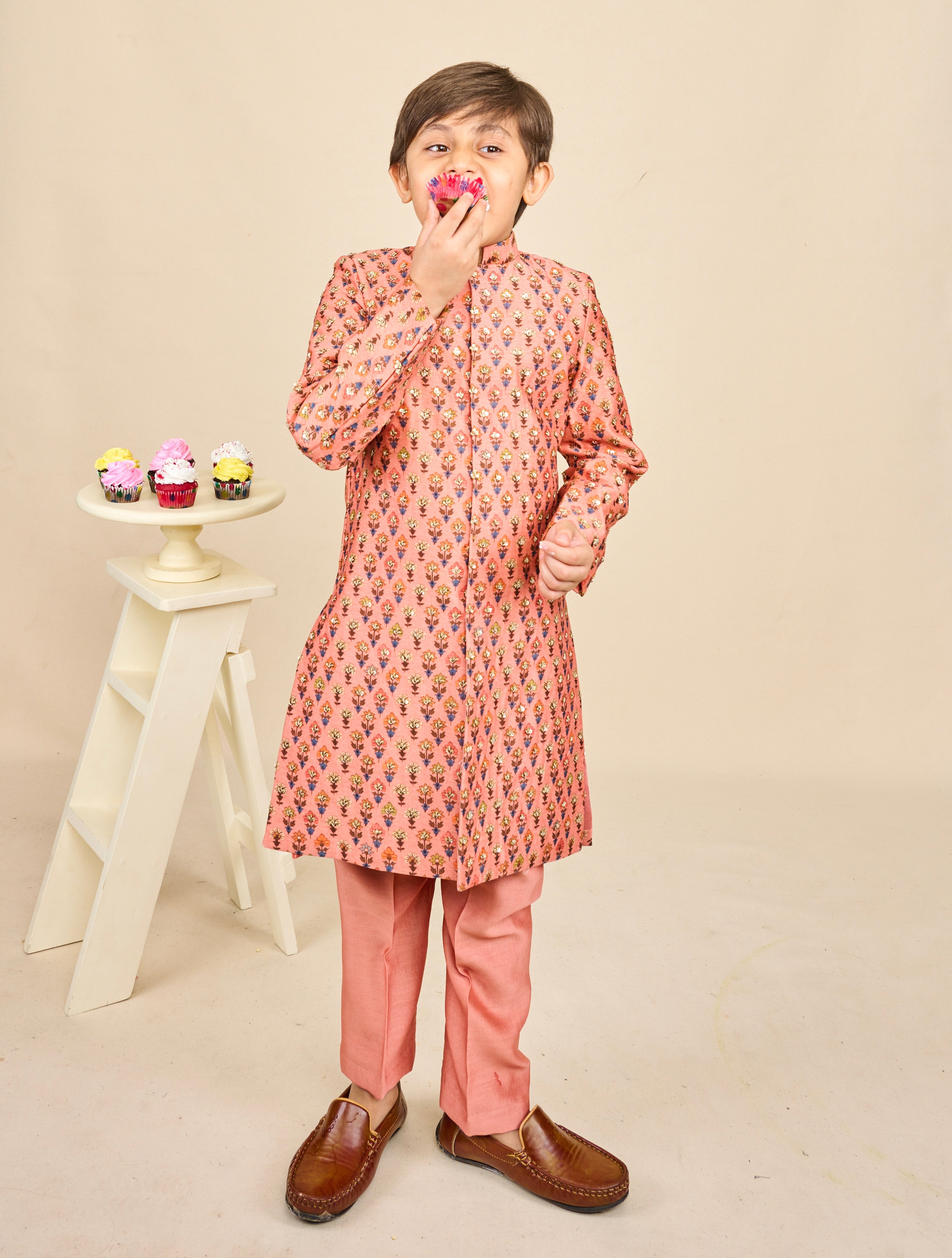 Peach Jaipuri Print Highlighted Achkan Set