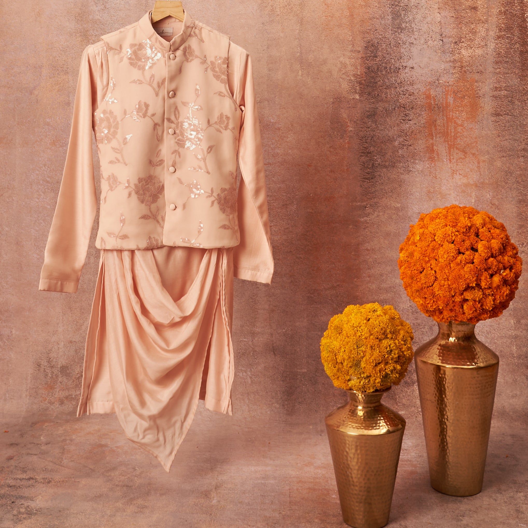 Baby Pink Drape Kurta Jacket Set