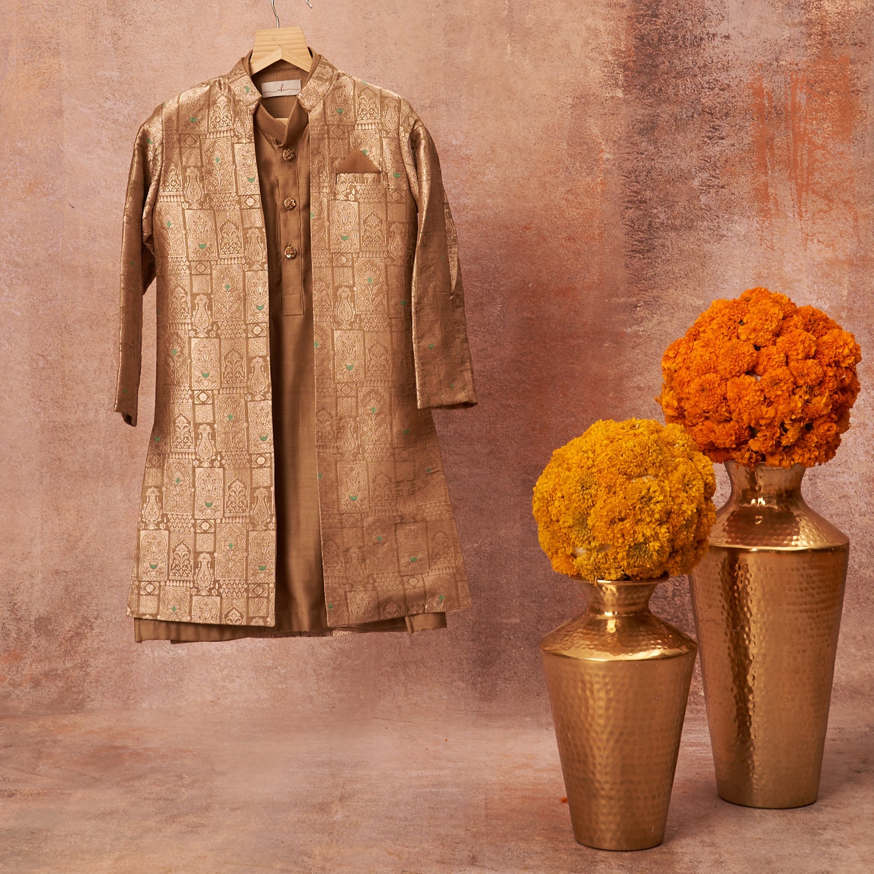 Olive Green Banarasi Achkan Set