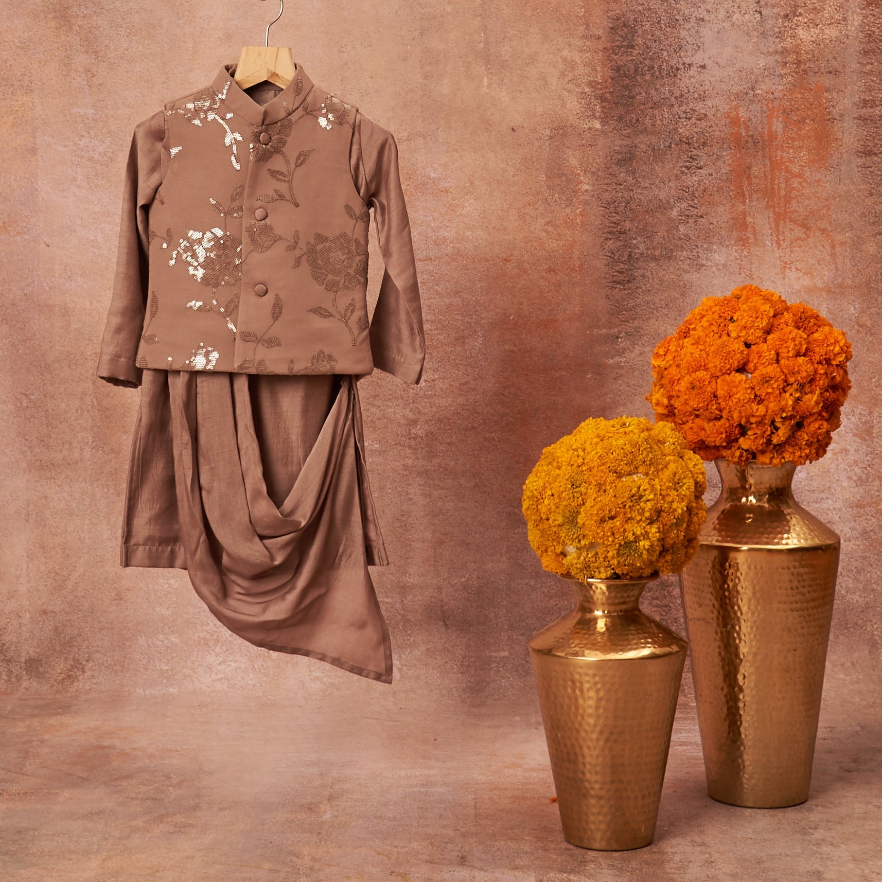 Light Brown Drape Kurta Jacket Set