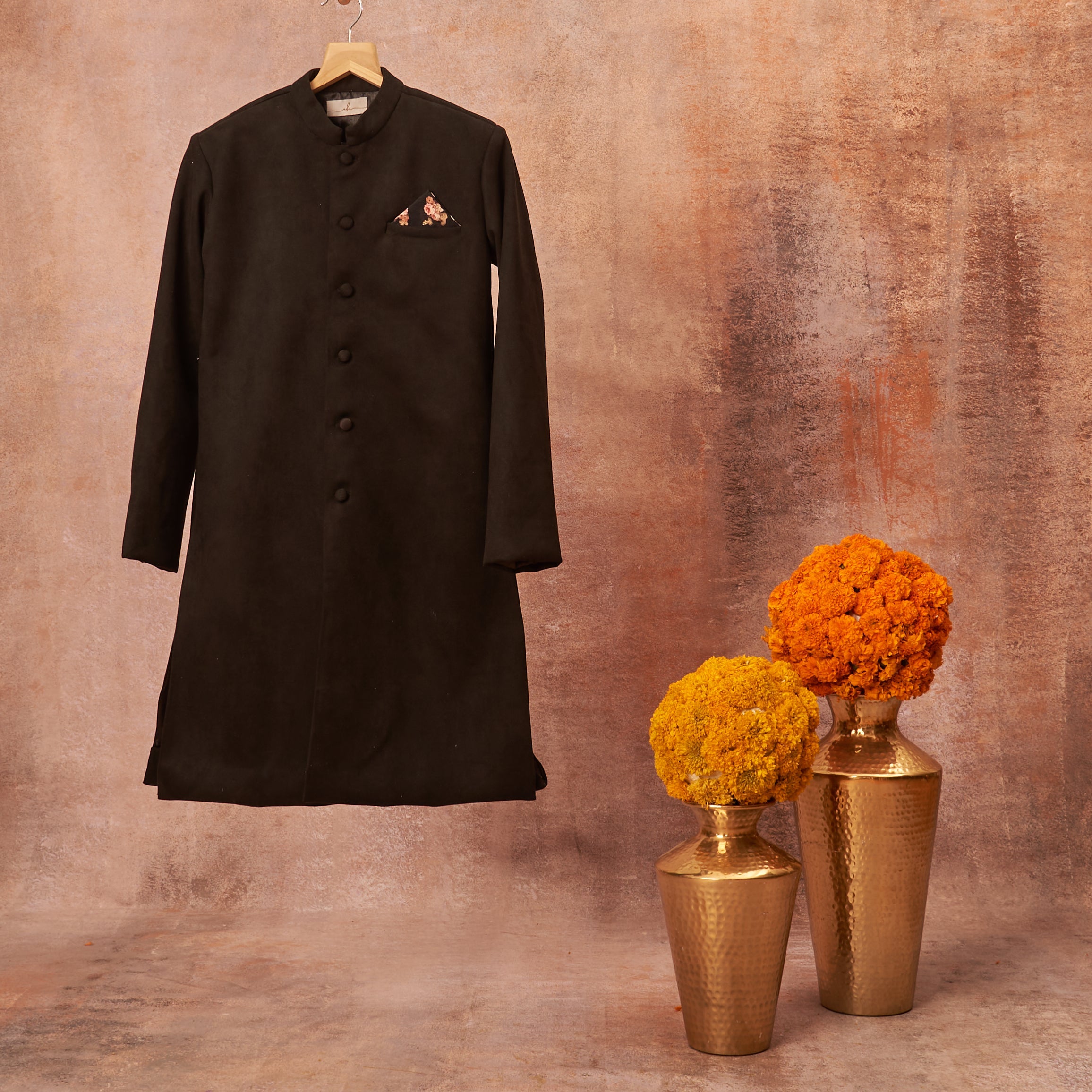 Black Suede Achkan Set