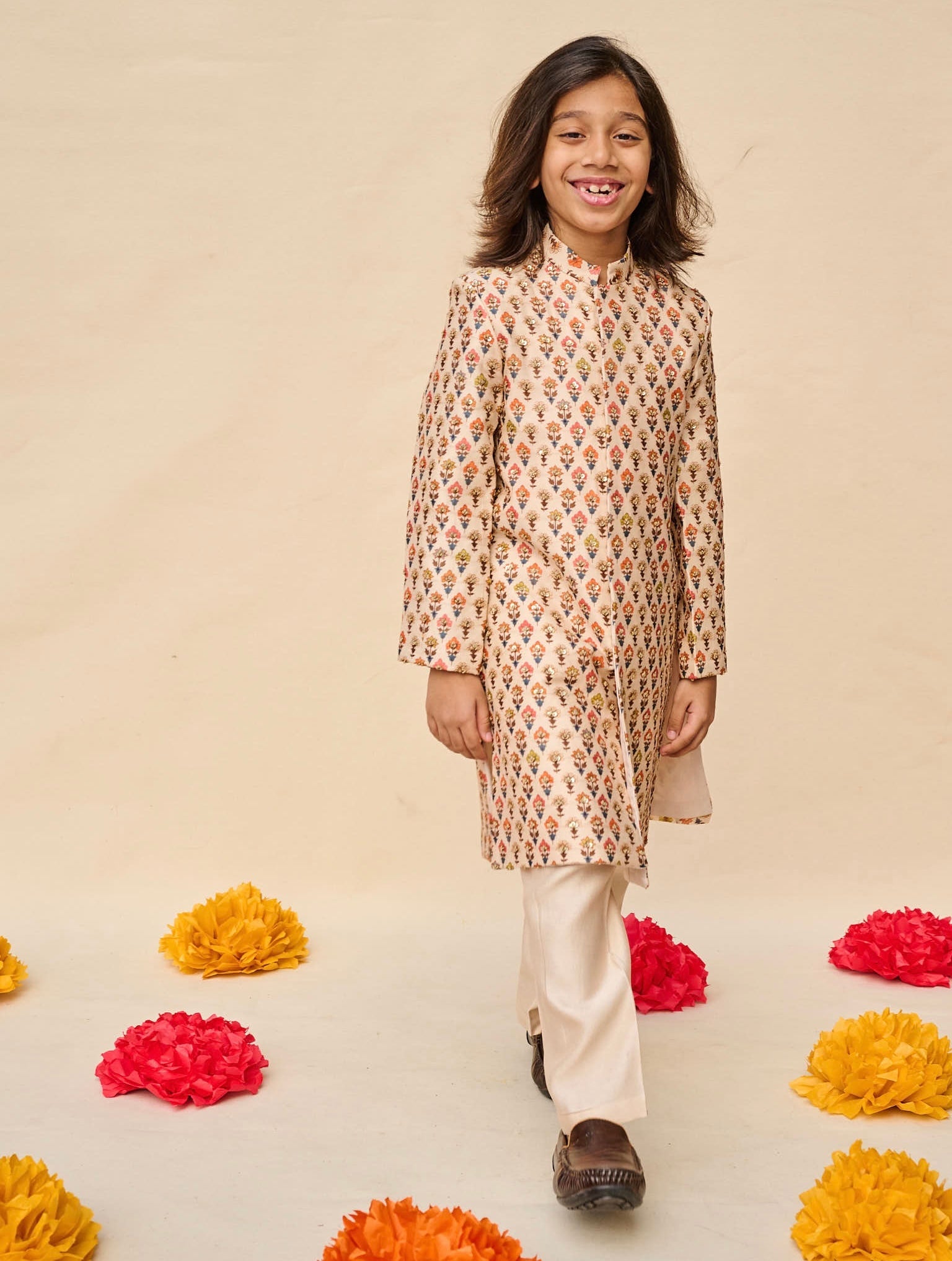 Ivory Jaipuri Print Highlighted Achkan Set