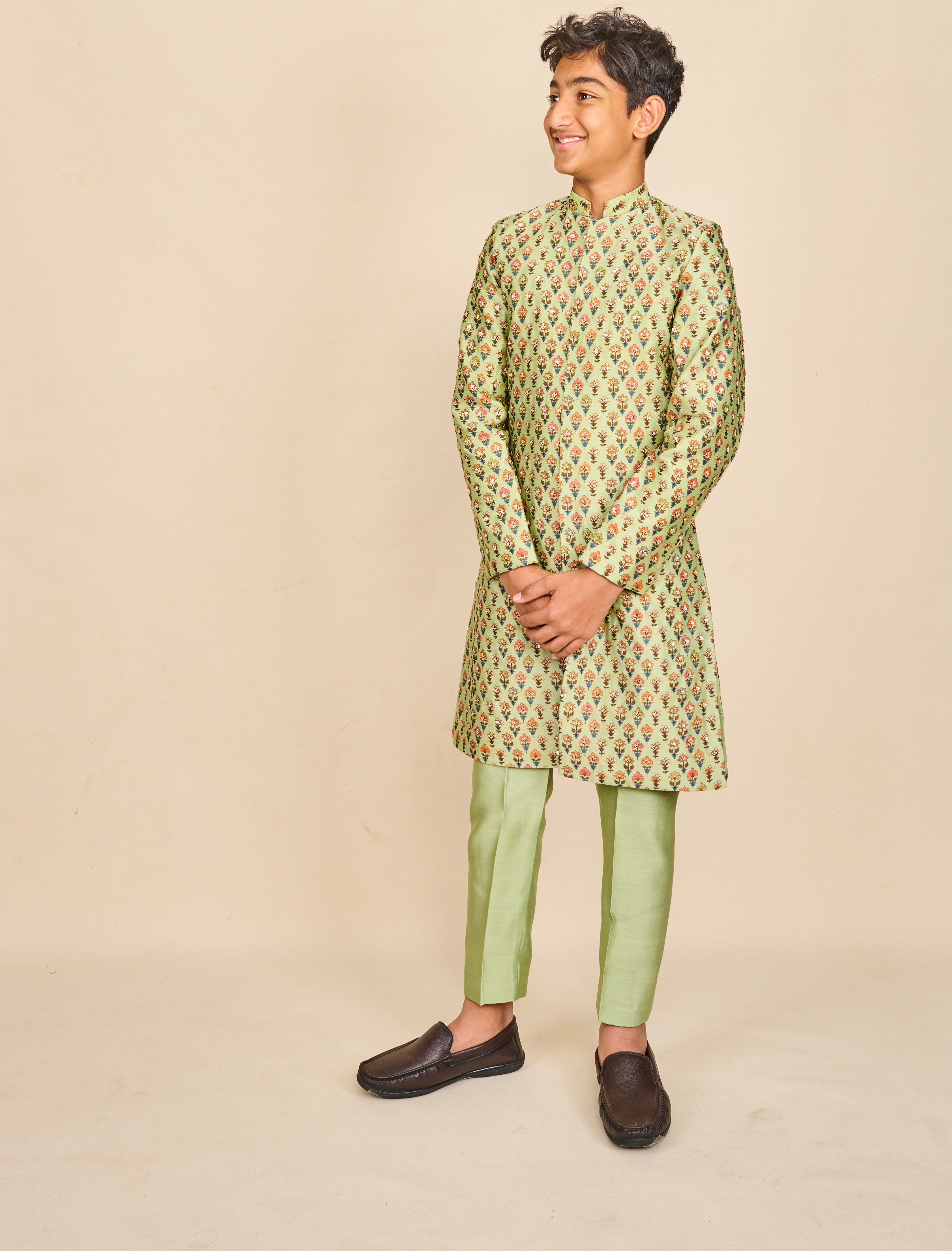 Apple Green Jaipuri Print Highlighted Achkan Set