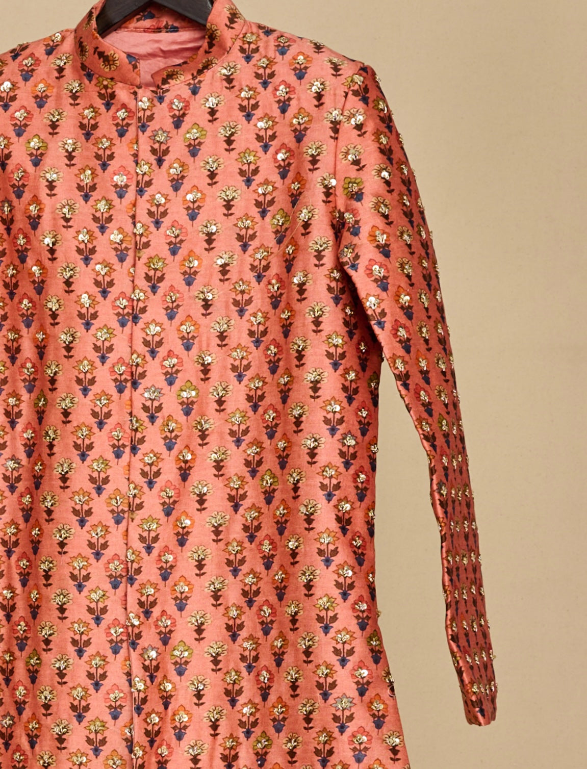 Peach Jaipuri Print Highlighted Achkan Set