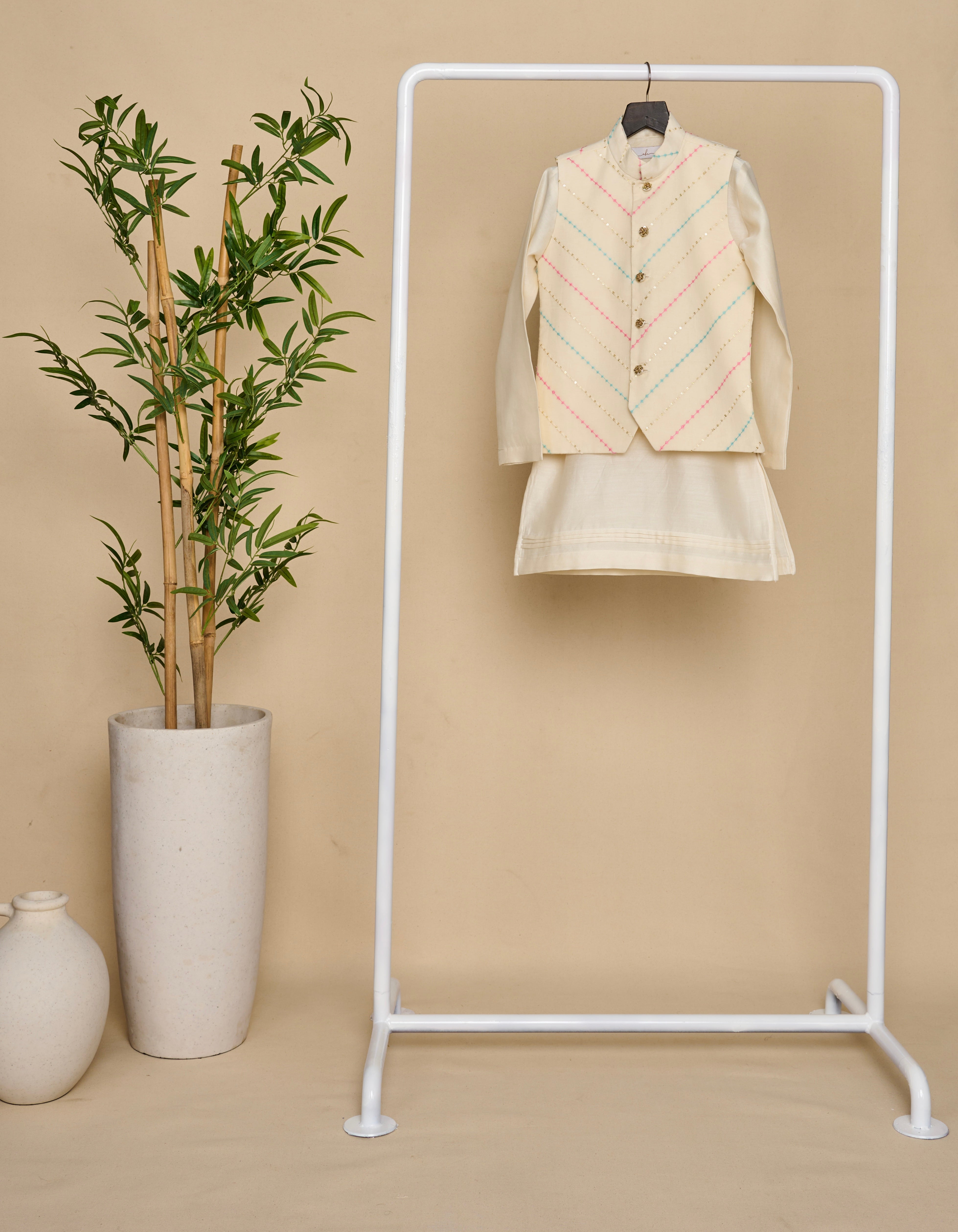 Off White-Blue Kurta Jacket Set