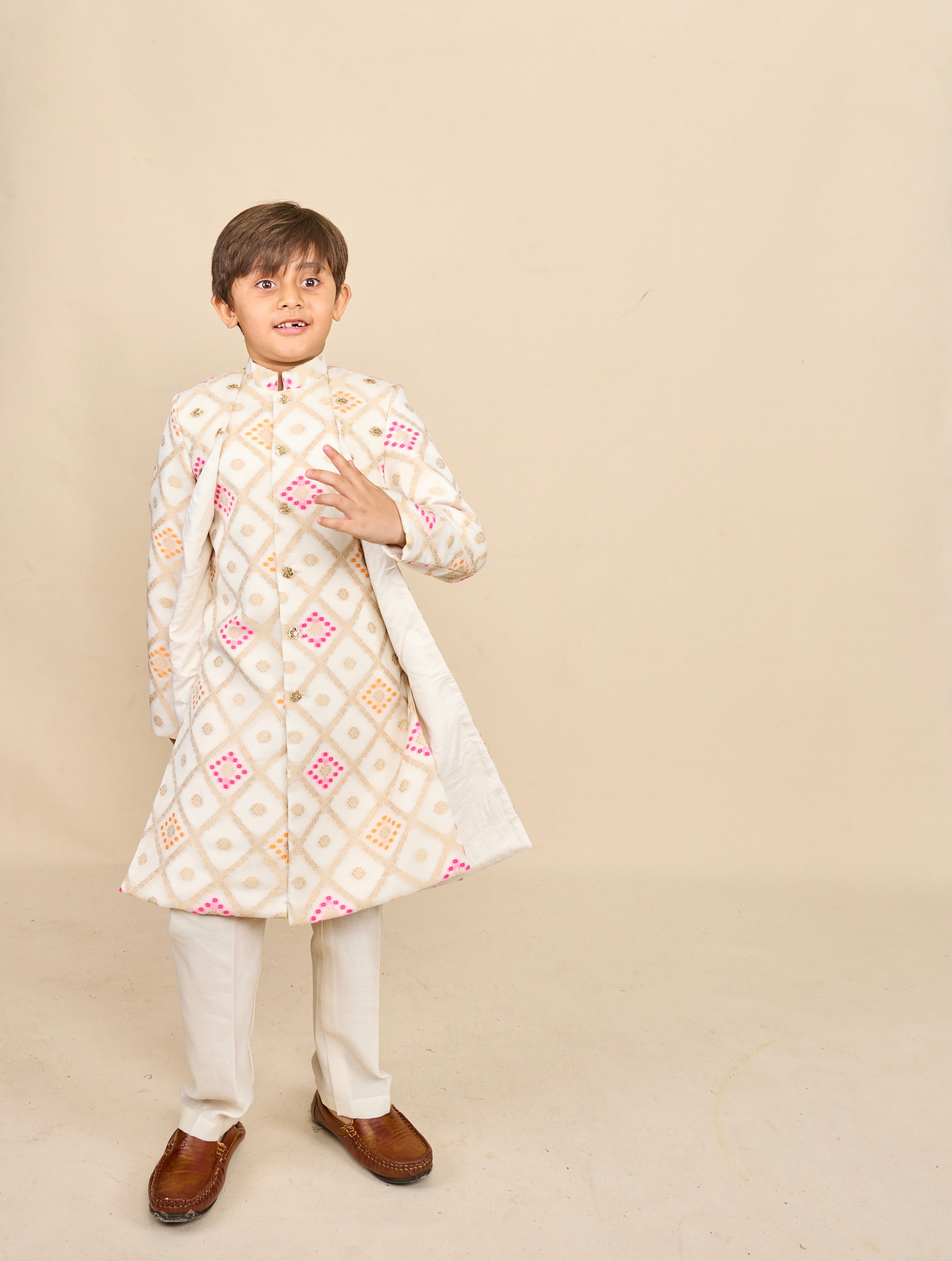 Super White Bandhani Layered Achkan Set