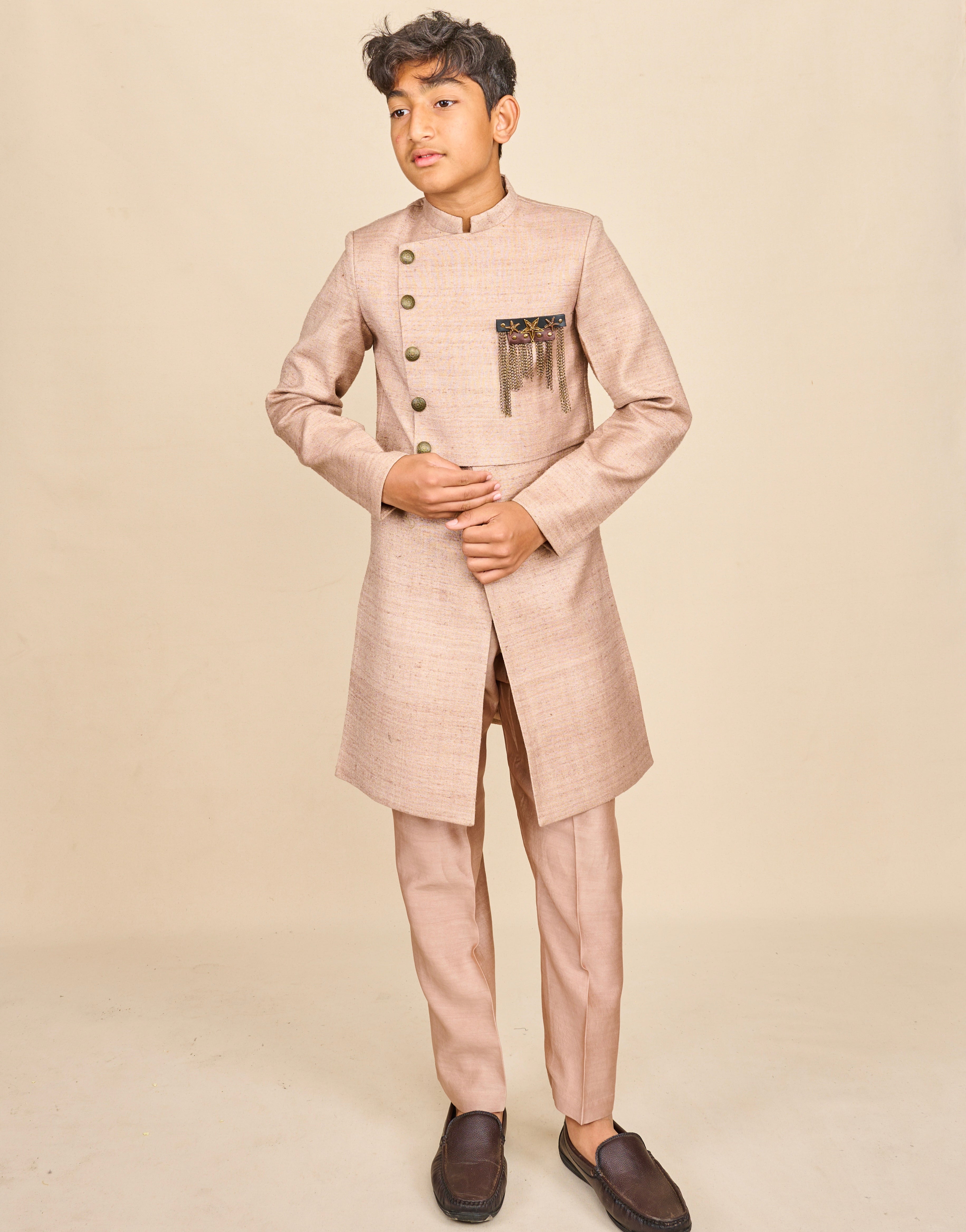 Nude Colour Layered Achkan Set