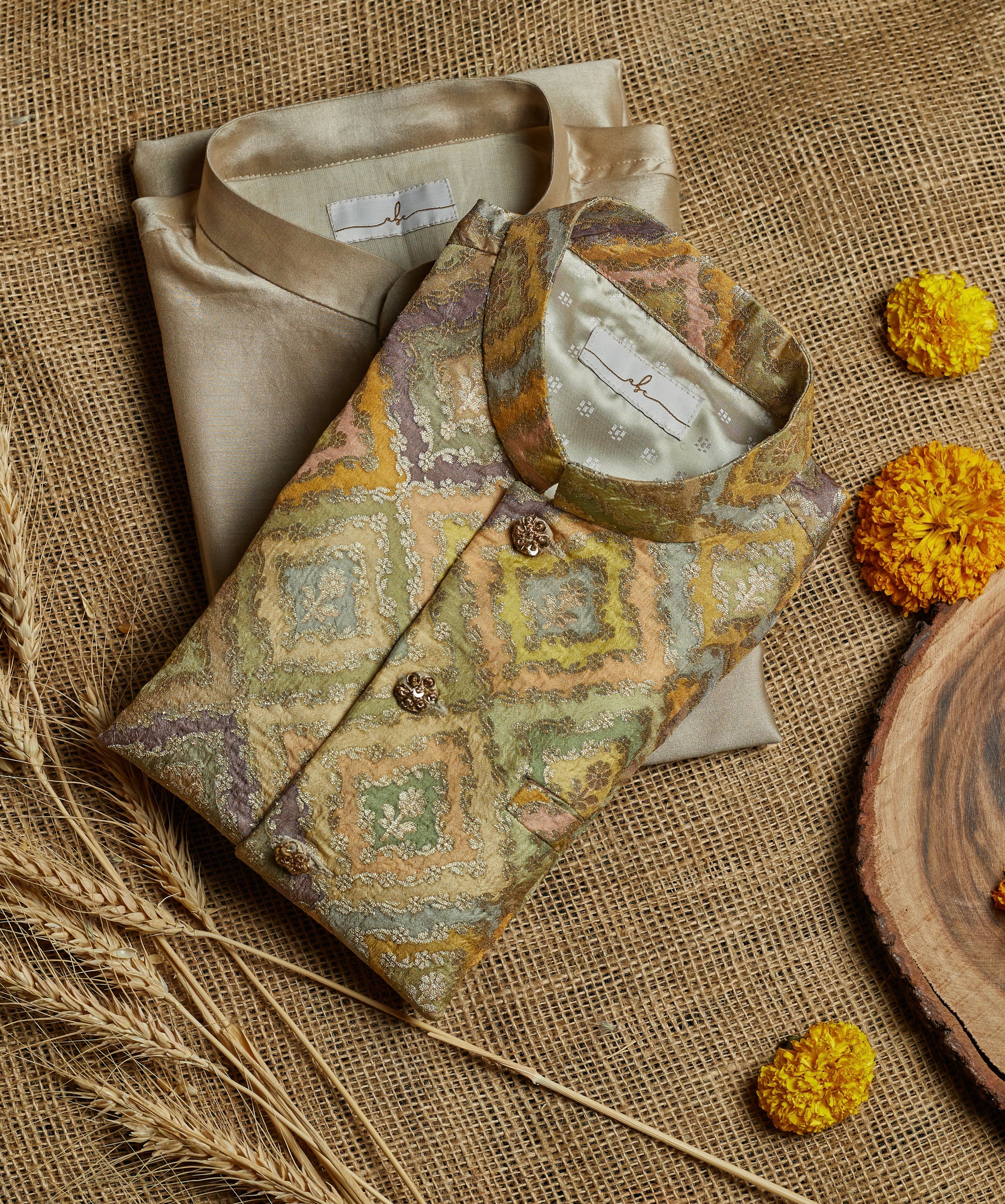 Green Handloom Silk Kurta Jacket Set