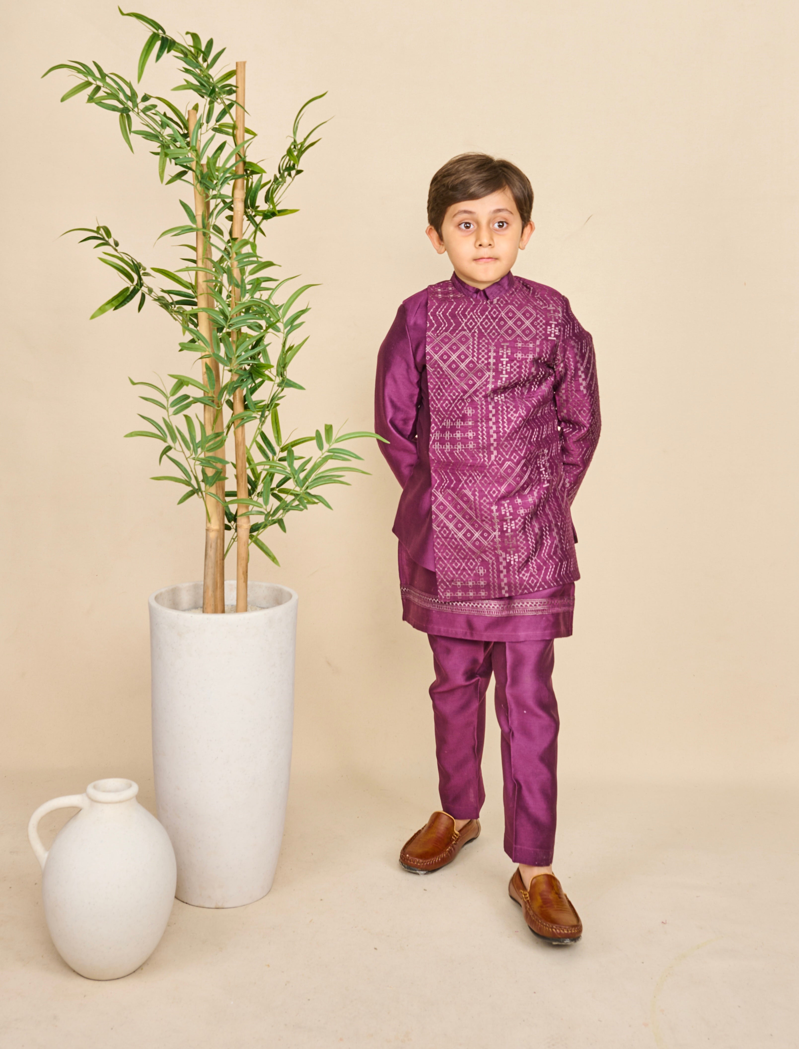 Wine Coloured Handloom Silk Bandhgala Set