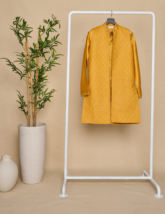 Amber Yellow Tassar Long Jacket Set