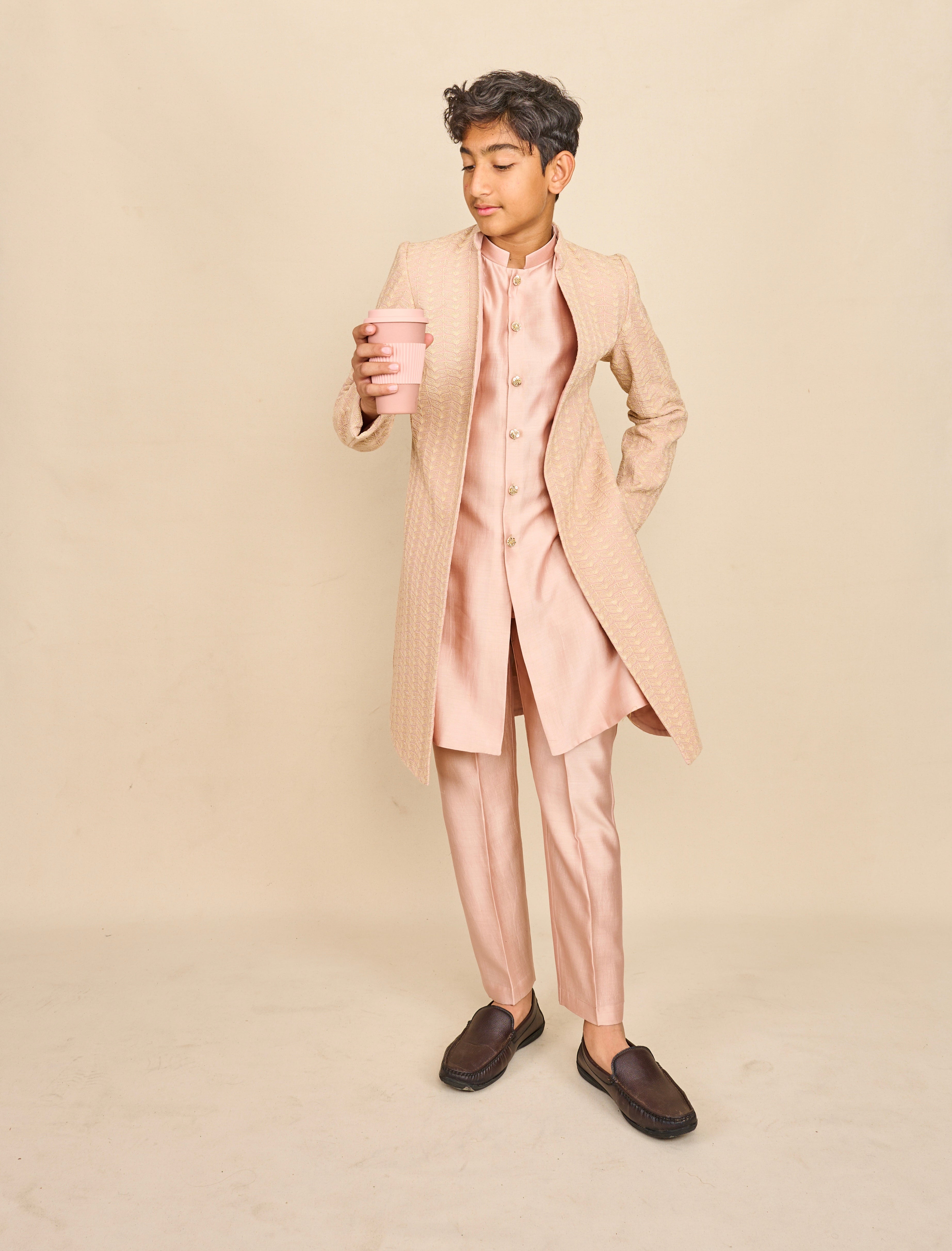 Crepe Pink Lakhnavi Open Achkan Set