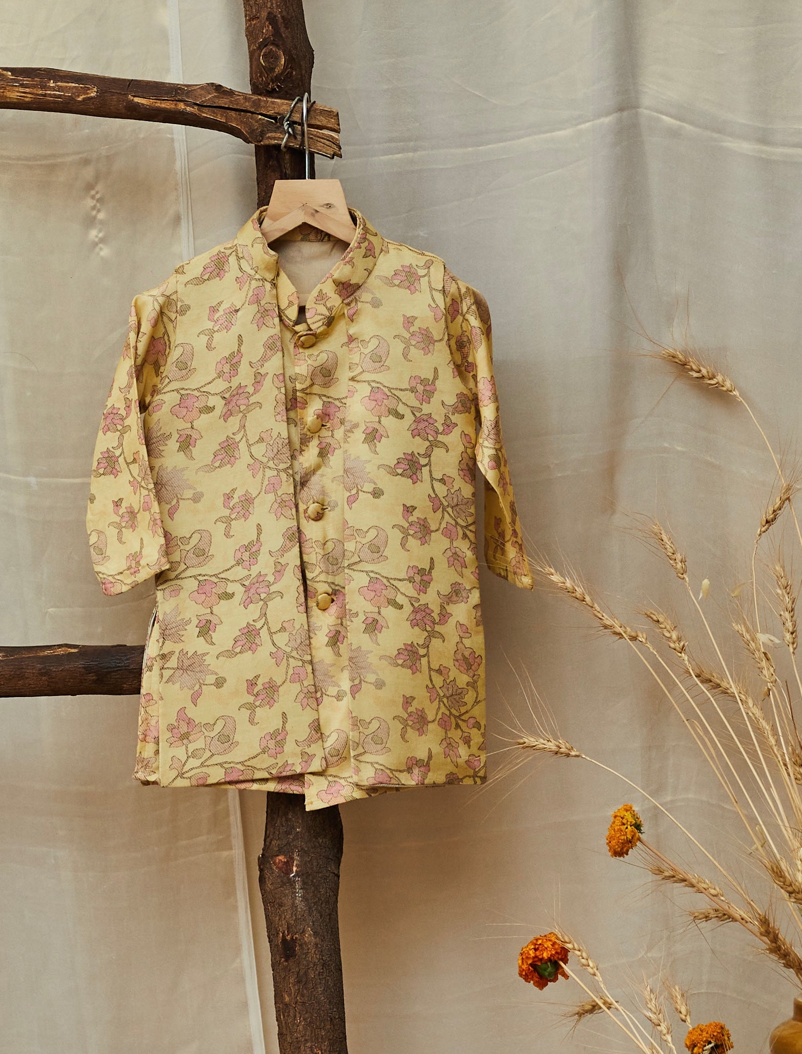 Lemon Yellow Printed Silk Set