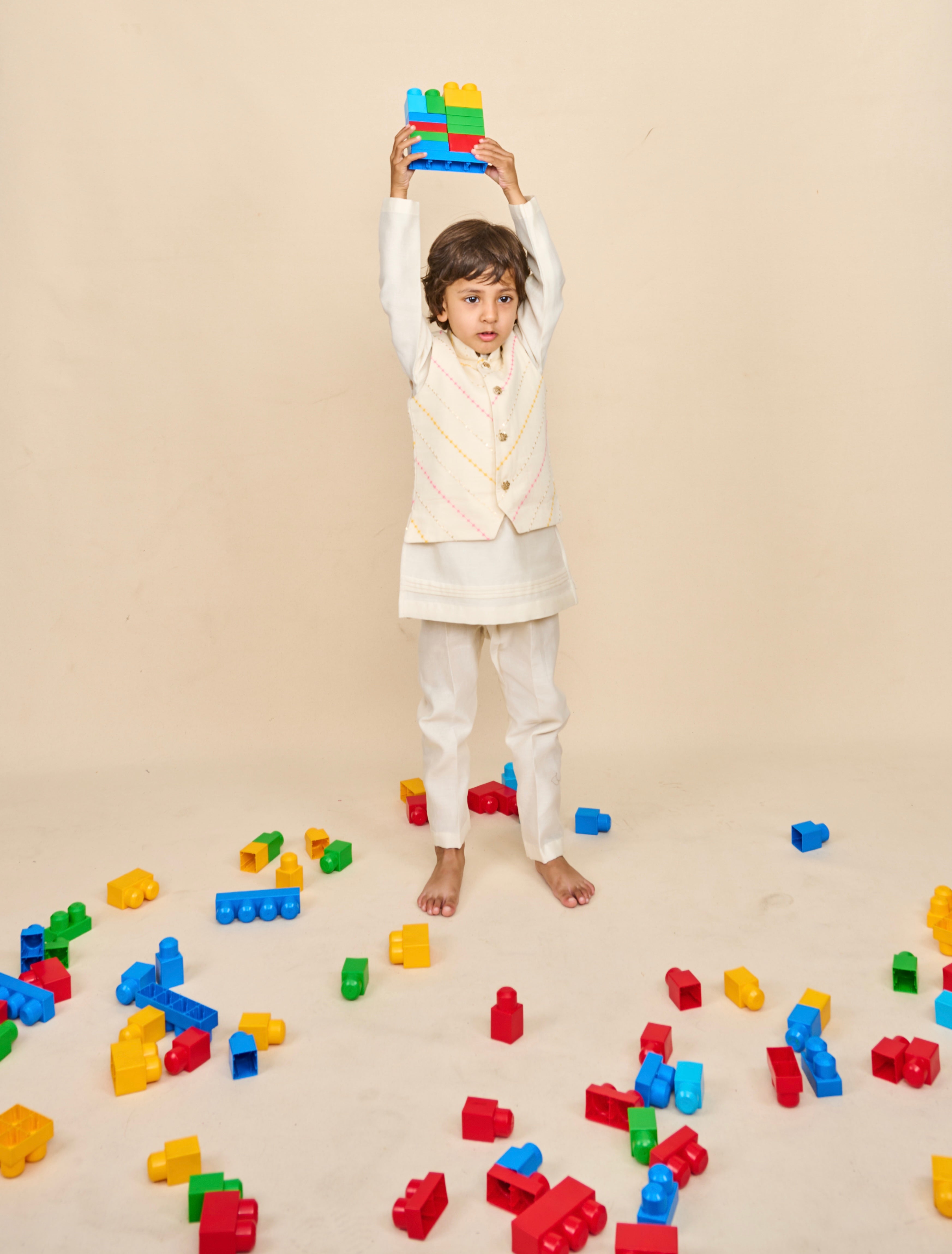 Off White-Yellow Kurta Jacket Set
