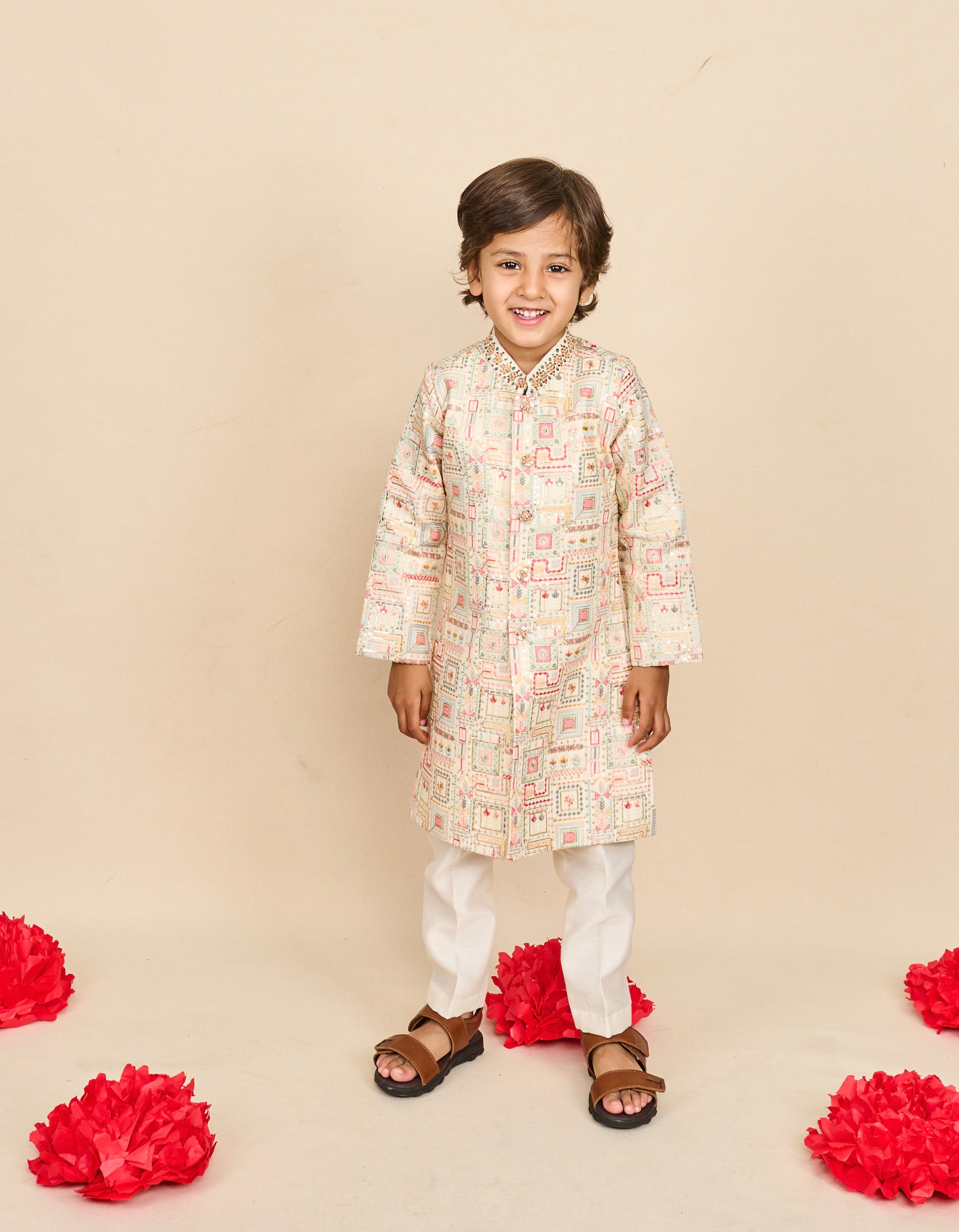 Faded-White Embroidered Achkan Set