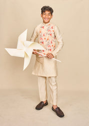 Ivory Floral Linen Kurta Jacket Set