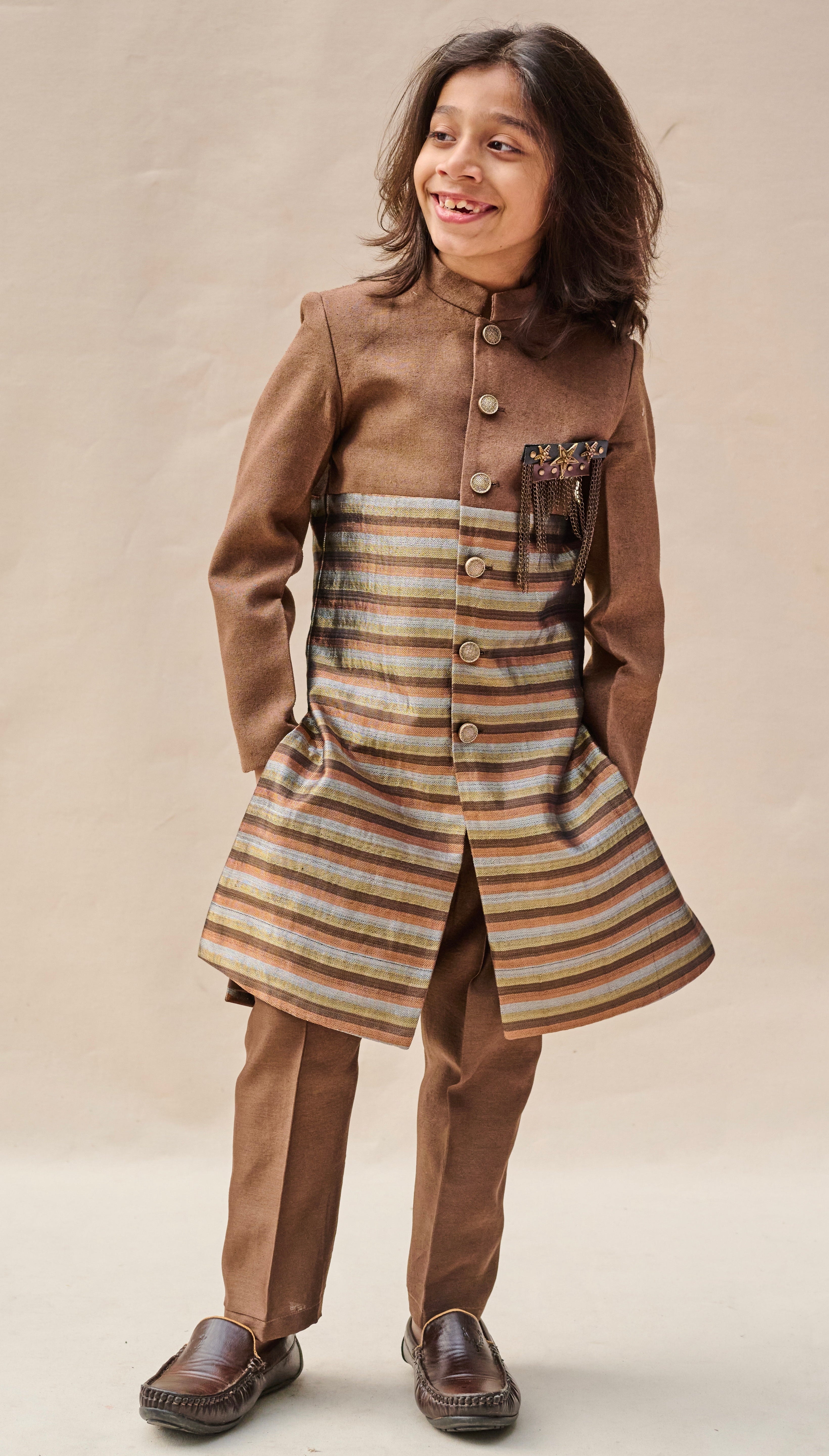 Mocha Brown-Copper Tassar Achkan Set