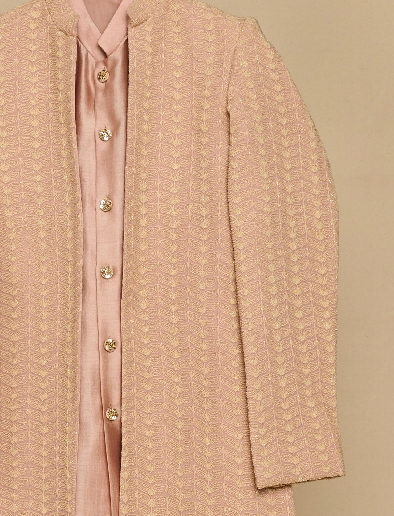 Crepe Pink Lakhnavi Open Achkan Set