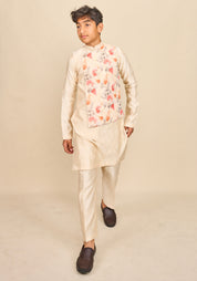 Ivory Floral Linen Kurta Jacket Set