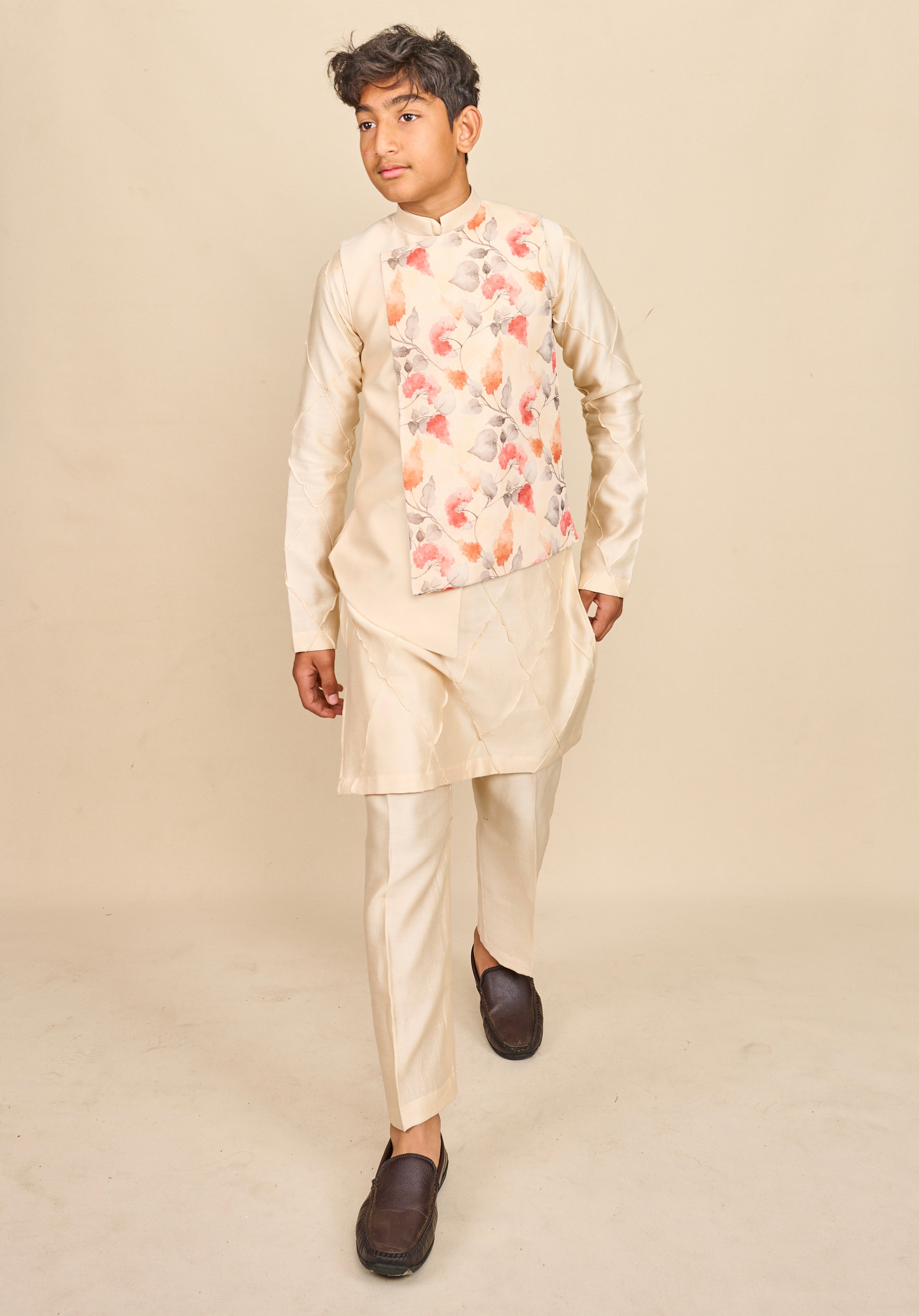 Ivory Floral Linen Kurta Jacket Set