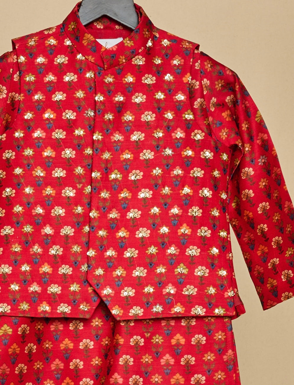 Cherry Red Jaipuri Prints Highlighted Kurta Jacket Set