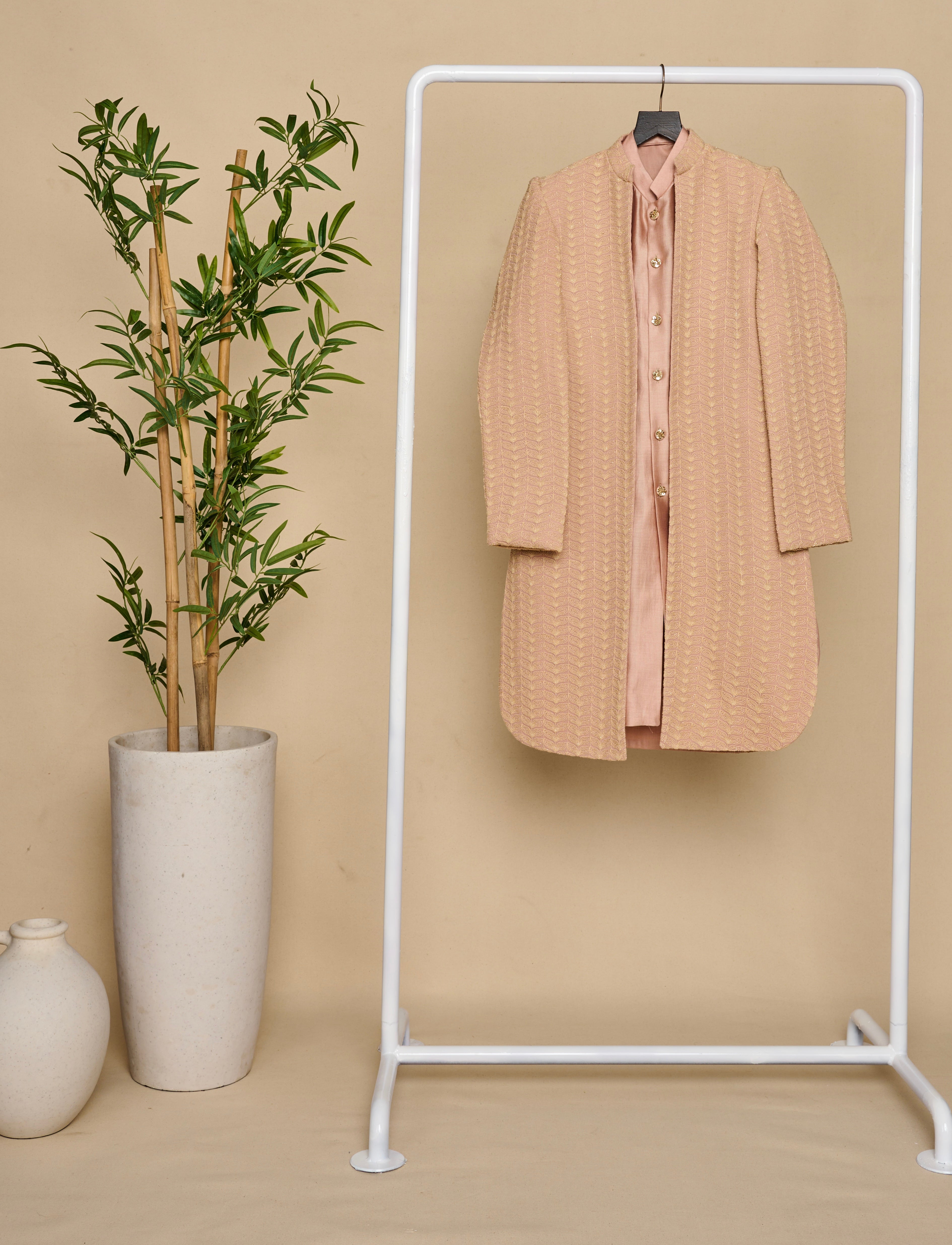 Crepe Pink Lakhnavi Open Achkan Set