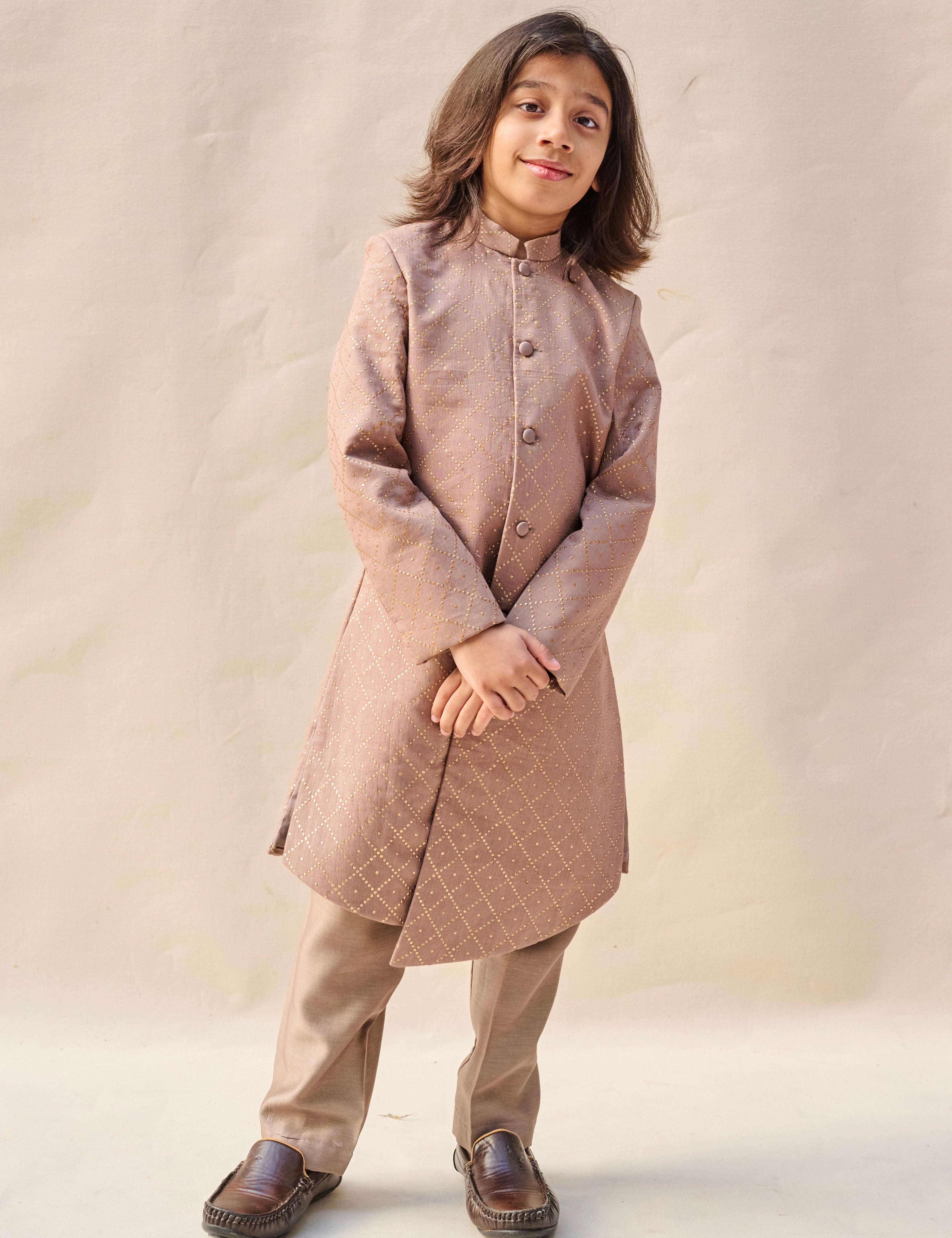 Stone Grey Mukaish Achkan Set