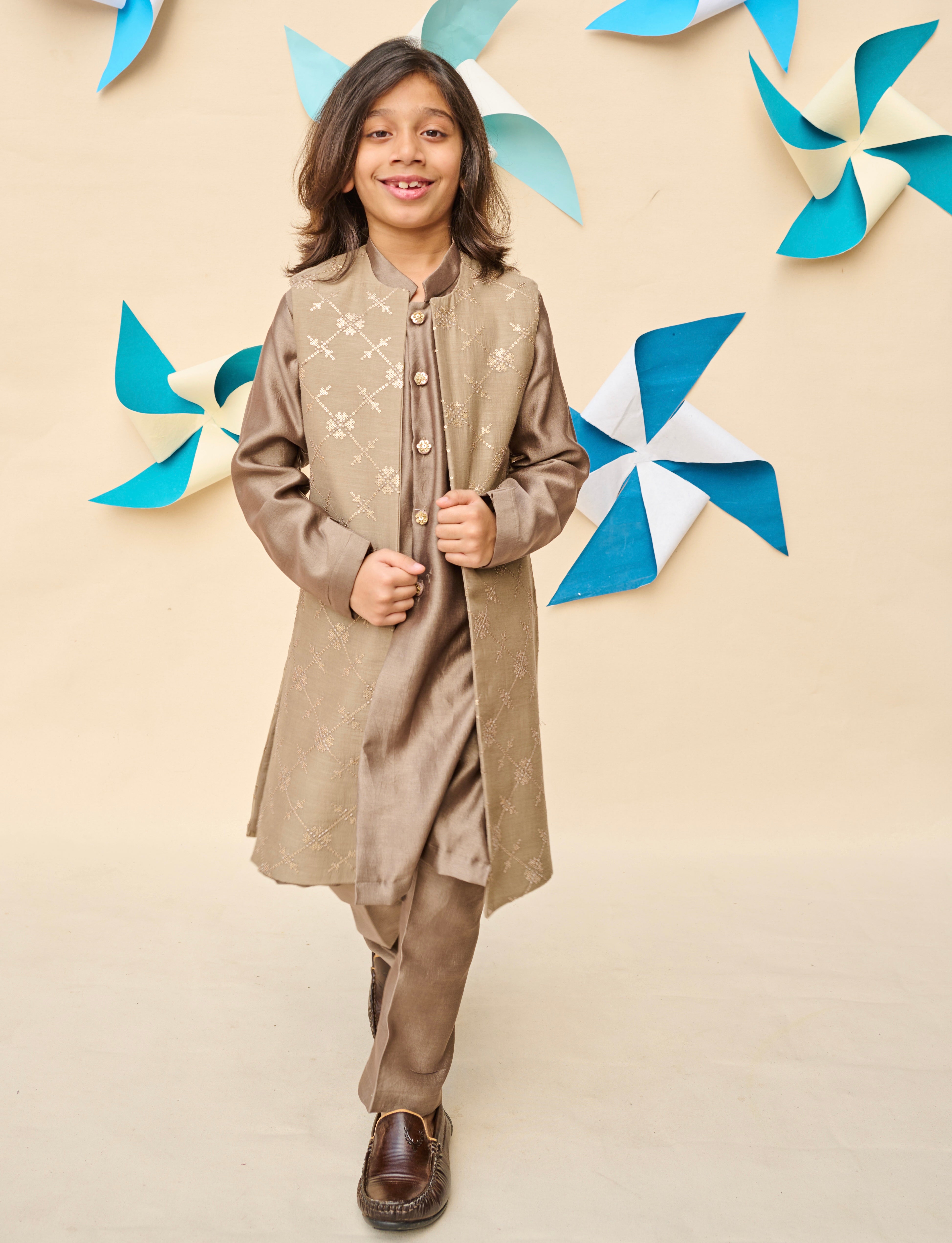Brownish-Grey Long Jacket Set